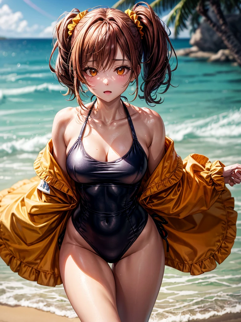 (((masterpiece、Highest image quality、highest quality、highly detailed unity 8kwallpaper)))、((Illustration of one girl))、(((beautiful girl)))、((orange hair、side pony、Yellow scrunchie、orange eyes))、swimsuit、sandy beach