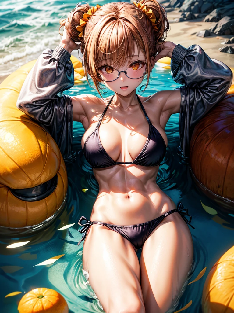 (((masterpiece、Highest image quality、highest quality、highly detailed unity 8kwallpaper)))、((Illustration of one girl))、(((beautiful girl)))、((orange hair、side pony、Yellow scrunchie、orange eyes))、swimsuit、sandy beach
