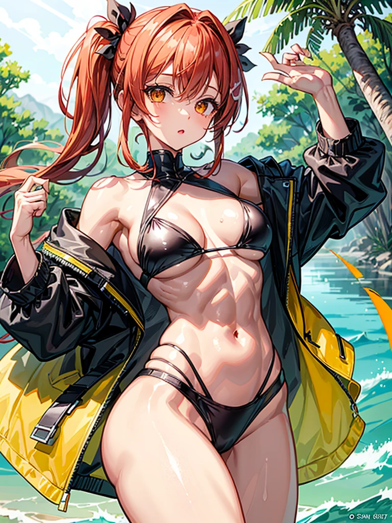 (((masterpiece、Highest image quality、highest quality、highly detailed unity 8kwallpaper)))、((Illustration of one girl))、(((beautiful girl)))、((orange hair、side pony、Yellow scrunchie、orange eyes))、swimsuit、sandy beach
