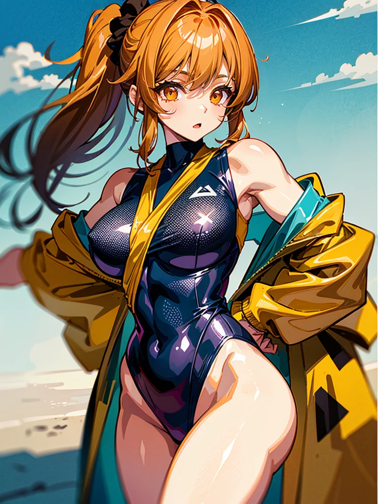 （（（masterpiece、Highest image quality、highest quality、highly detailed unity 8ｋwallpaper）））、（（Illustration of one girl））、（（（beautiful girl）））、（（orange hair、side pony、Yellow scrunchie、orange eyes））、swimsuit、sandy beach