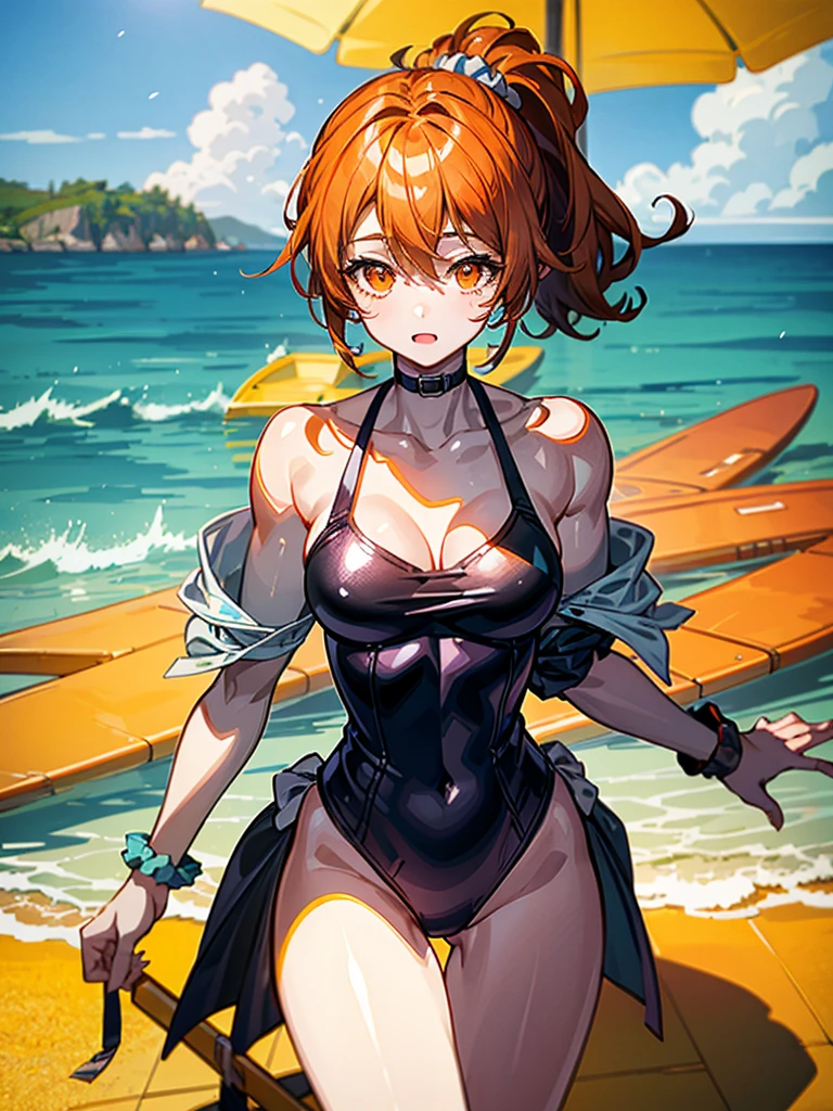 （（（masterpiece、Highest image quality、highest quality、highly detailed unity 8ｋwallpaper）））、（（Illustration of one girl））、（（（beautiful girl）））、（（orange hair、side pony、Yellow scrunchie、orange eyes））、swimsuit、sandy beach