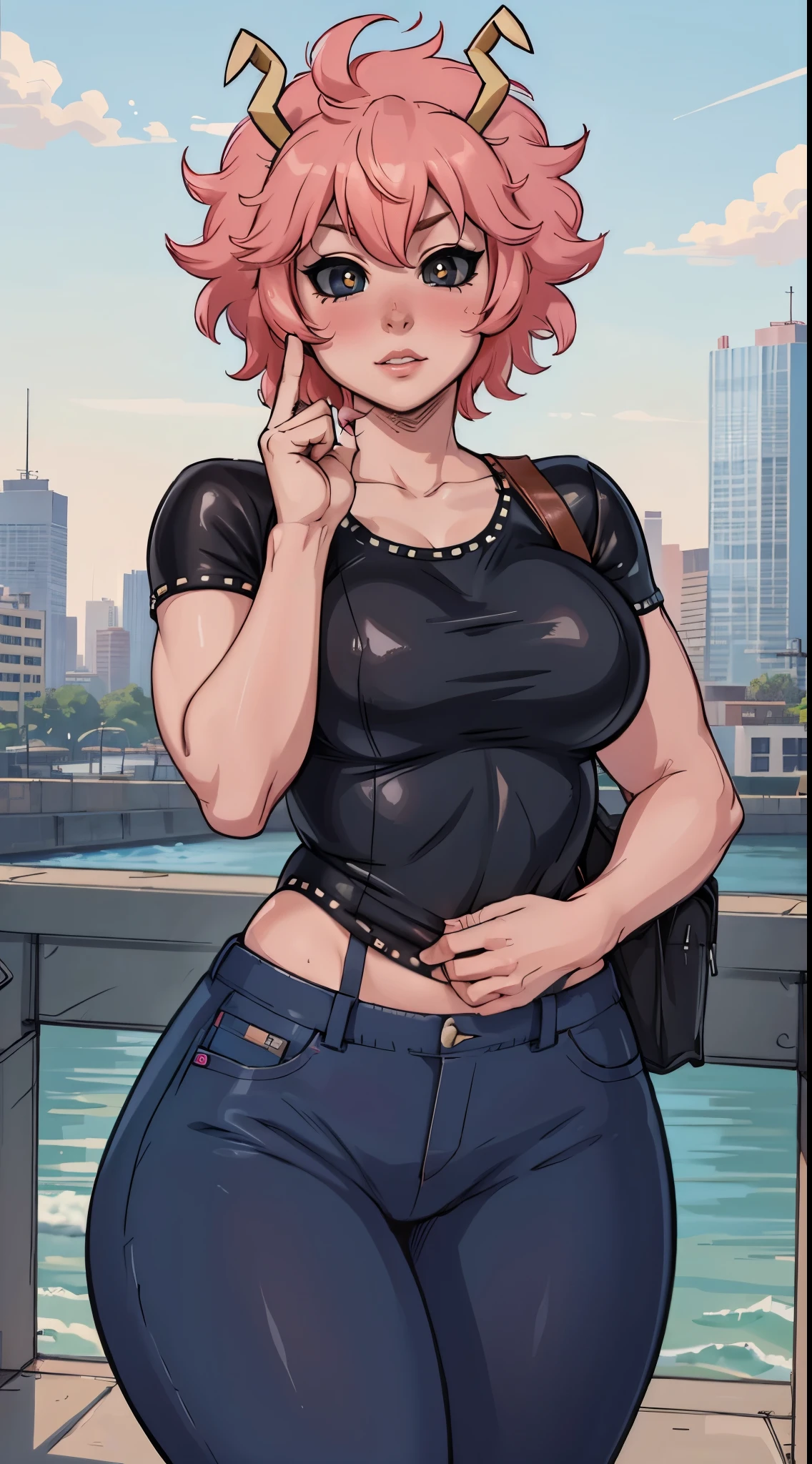 (best quality:1.3), (4k quality), 1 mature woman, Mina Ashido by boku no hero, ((Detailed face)), (blush), city, (pants leather)