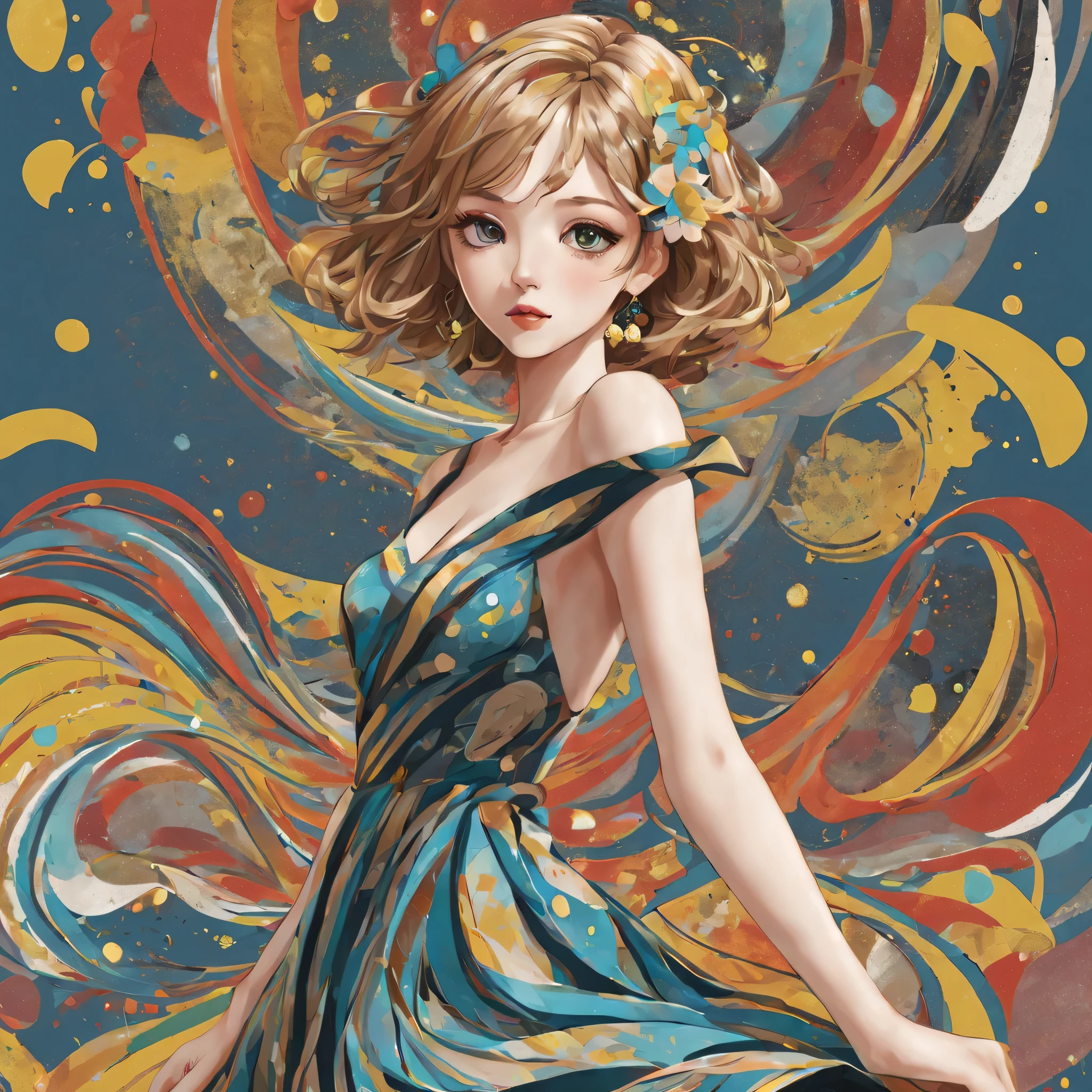 (a sticker,),(3D anime girl),dress, elegance,beautyful face,(In circlerown background), (pollock border)（oil painting style）， ultra - detailed, best quality, Detailed diagram, vectorized, 8K, 专业a sticker设计, Graphic design, vector lines, a sticker, Full-HD