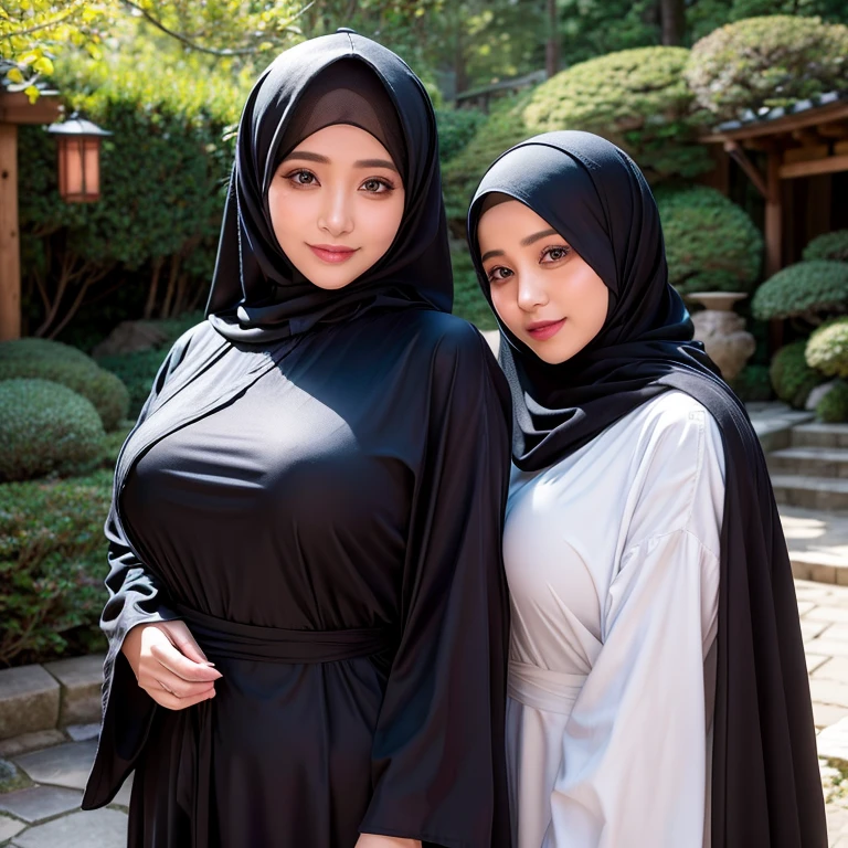 8K, absurdres, detailed face, half body, a beautiful muslimah woman named mira with medium breasts is wearing chador and abaya, her attractive girlfriend named filzah with big breasts wearing shawl and dress, mira is sucking filzah's breasts and tits, filzah's head tilted up feeling great, in a japanese garden, photorealistic, masterpiece, highly-detailed, naughty smile