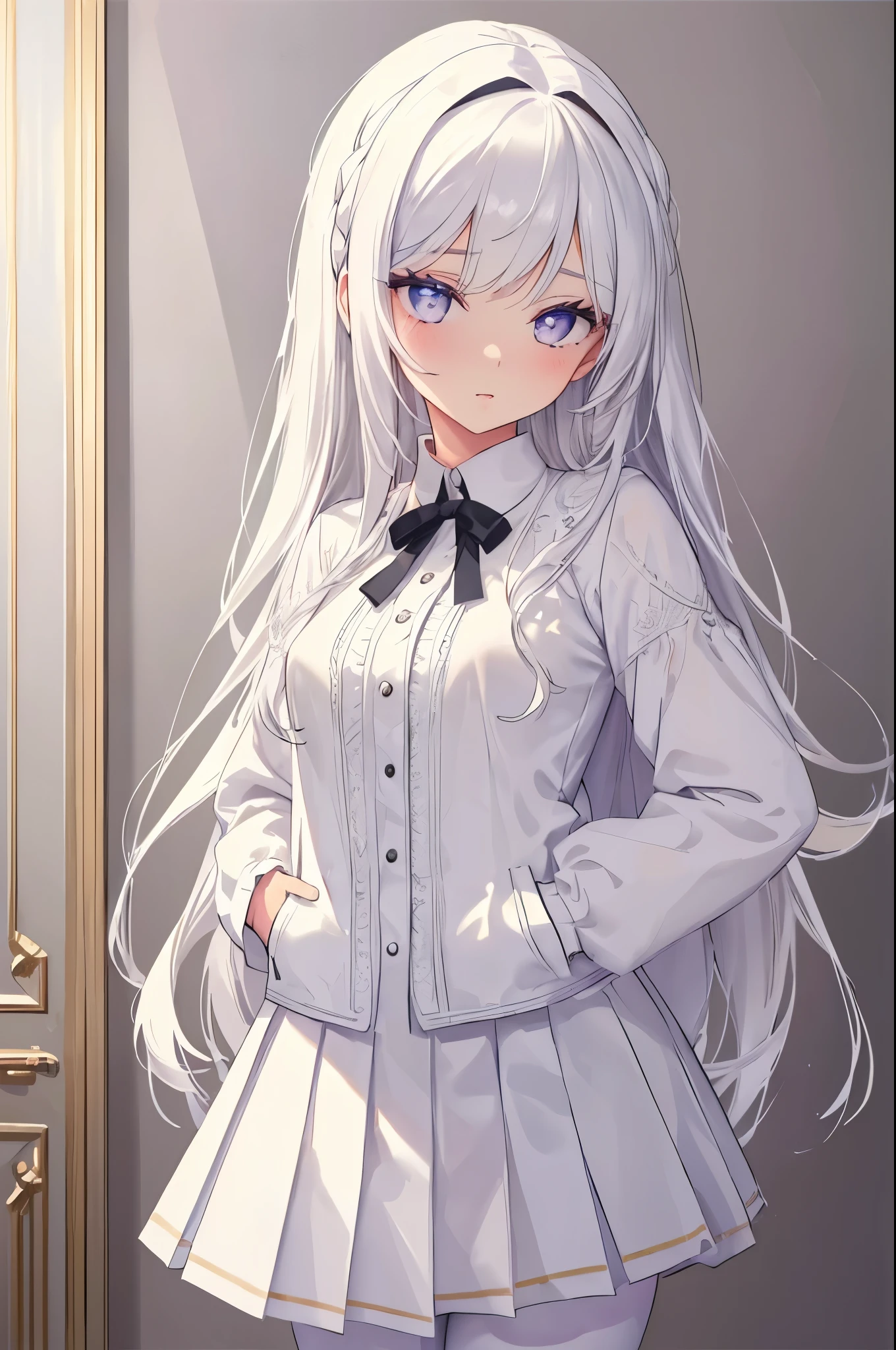 (masterpiece:1.3), (best quality:1.1), ((1 girl)), ((alone)), (Detailed eyes and detailed face:1.3), (beautiful clear background:1.2), black eyelack pupillack pupils，longer white hair, White shirt, White pleated skirt,White pantyhose,Raise your legs high, whole body, permanent, hands in pockets, boring, depth of field, bedroom, (illustration:1.1), (extremely delicate and beautiful:1.1), (perfect details:1.1), (), ,facing the audience, Upper body, focus on face
