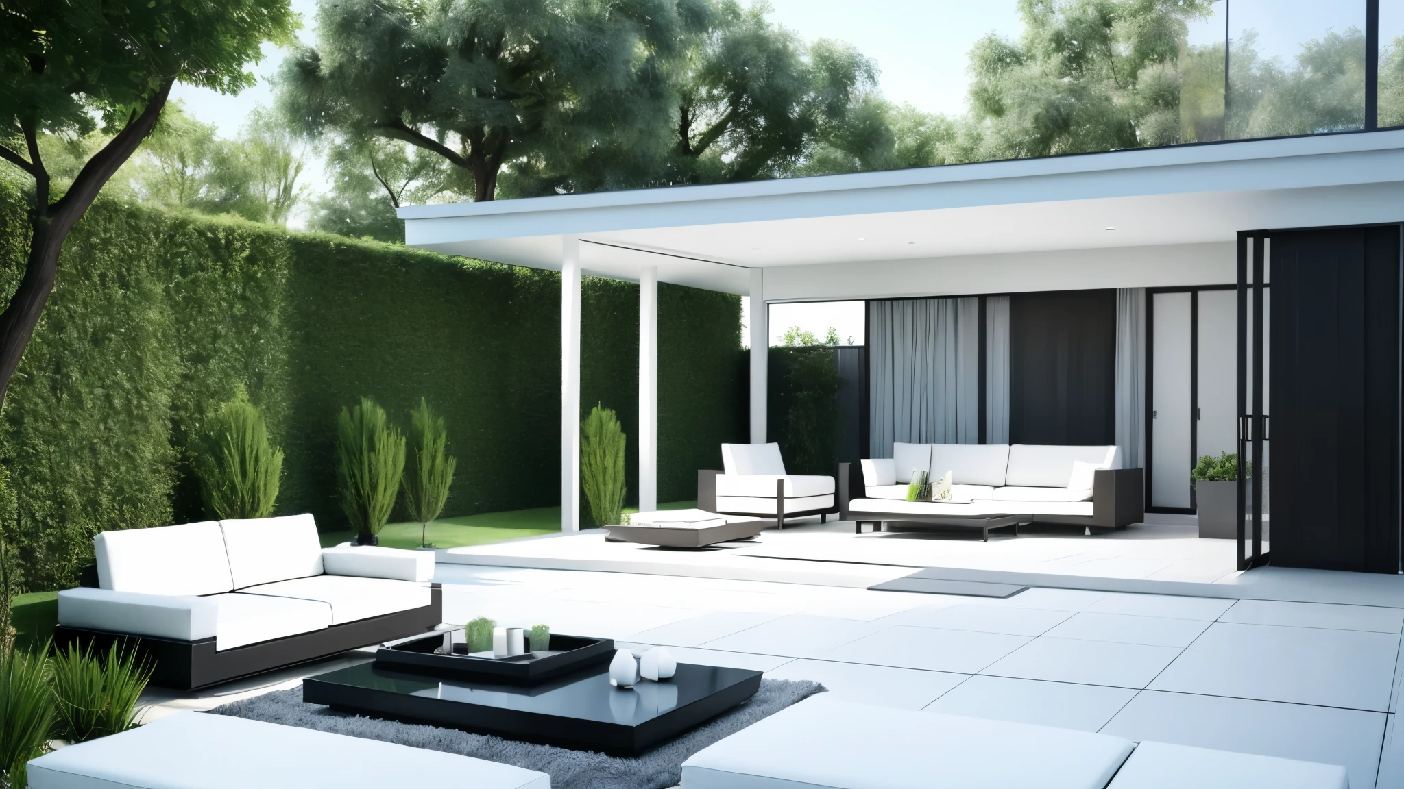 You are a famous interior designer、You have been asked to create a 3D image of a modern large room. Create a harmonious environment with modern and minimalist furniture. Including garden interior.