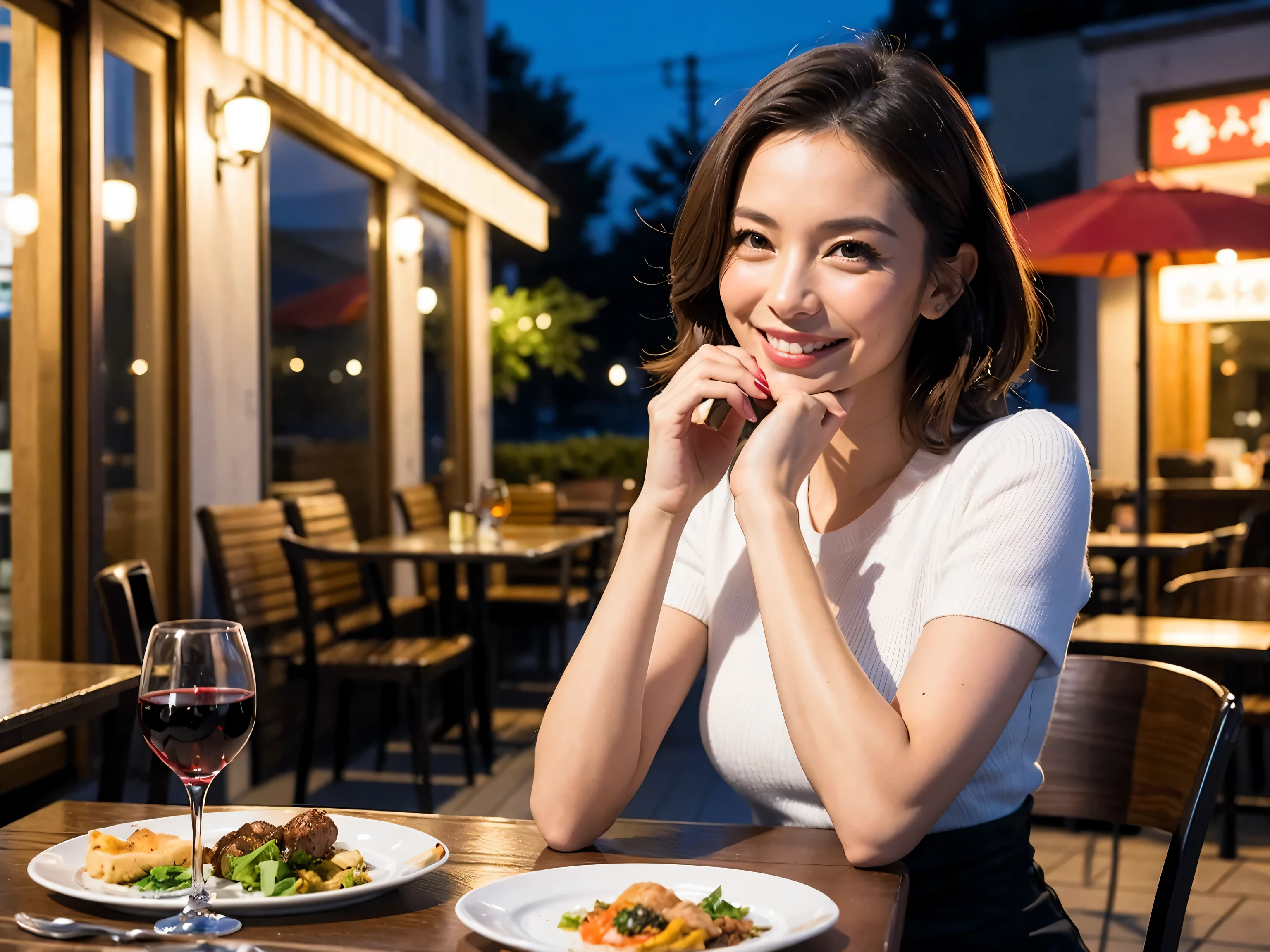 (64k uhd, nffsw, of the highest quality, masutepiece: 1.2), (Realistic, Photorealistic: 1.37), Pretty Woman 1, (Slim Face), (slimボティ), (Brown hair), (short-cut), Italian、Spaniard、Dutchman、Americana、Frenchman、cheeks blush a little, (40 years old), 38 years, Solo, A beautiful and detailed night view spreads out outside the window........, restaurant, wine glassesに座って, At night, In a prominent place (from waist up) NovaFrogStyle, actress, Model, waist-up, white wine, slim, wine glasses, Super clean night view, 真ん中に置かれたwine glasses, Happy smile, (Smile: 1.15), Beautiful fine eyes, Upper body, Bust Japan Up, Night, Short, Short, actress, Model, waist-up, white wine, slim, wine glasses, Super clean night view, 真ん中に置かれたwine glasses, Happy smile,