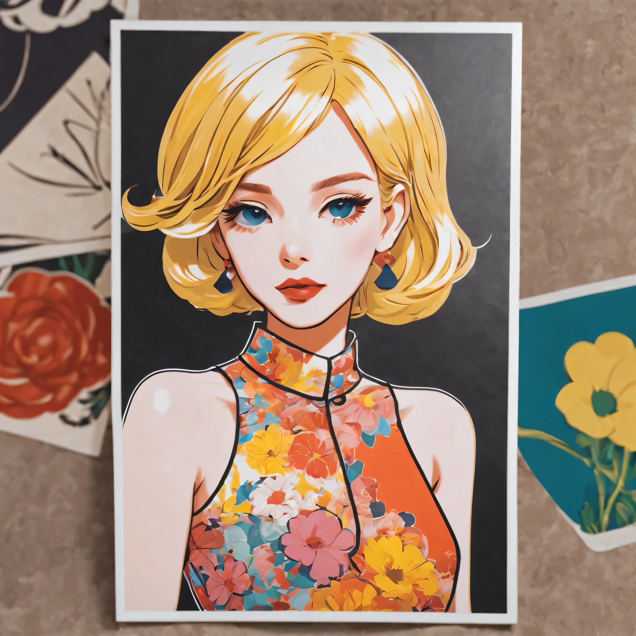 (a sticker,),(3D anime girl),dress, elegance,beautyful face,(In circlerown background), (Andy Warhol border)（oil painting style）， ultra - detailed, best quality, Detailed diagram, vectorized, 8K, 专业a sticker设计, Graphic design, vector lines, a sticker, Full-HD