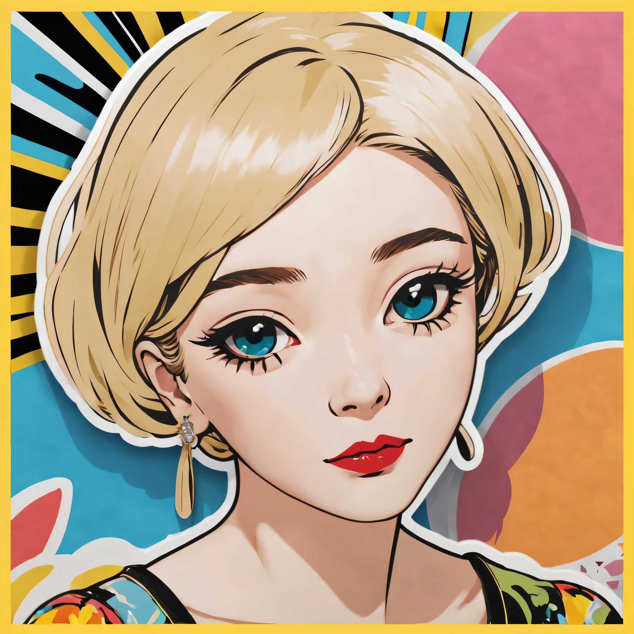 (a sticker,),(3D anime girl),dress, elegance,beautyful face,(In circlerown background), (Andy Warhol border)(oil painting style), ultra - detailed, best quality, Detailed diagram, vectorized, 8K, 专业a sticker设计, Graphic design, vector lines, a sticker, Full-HD
