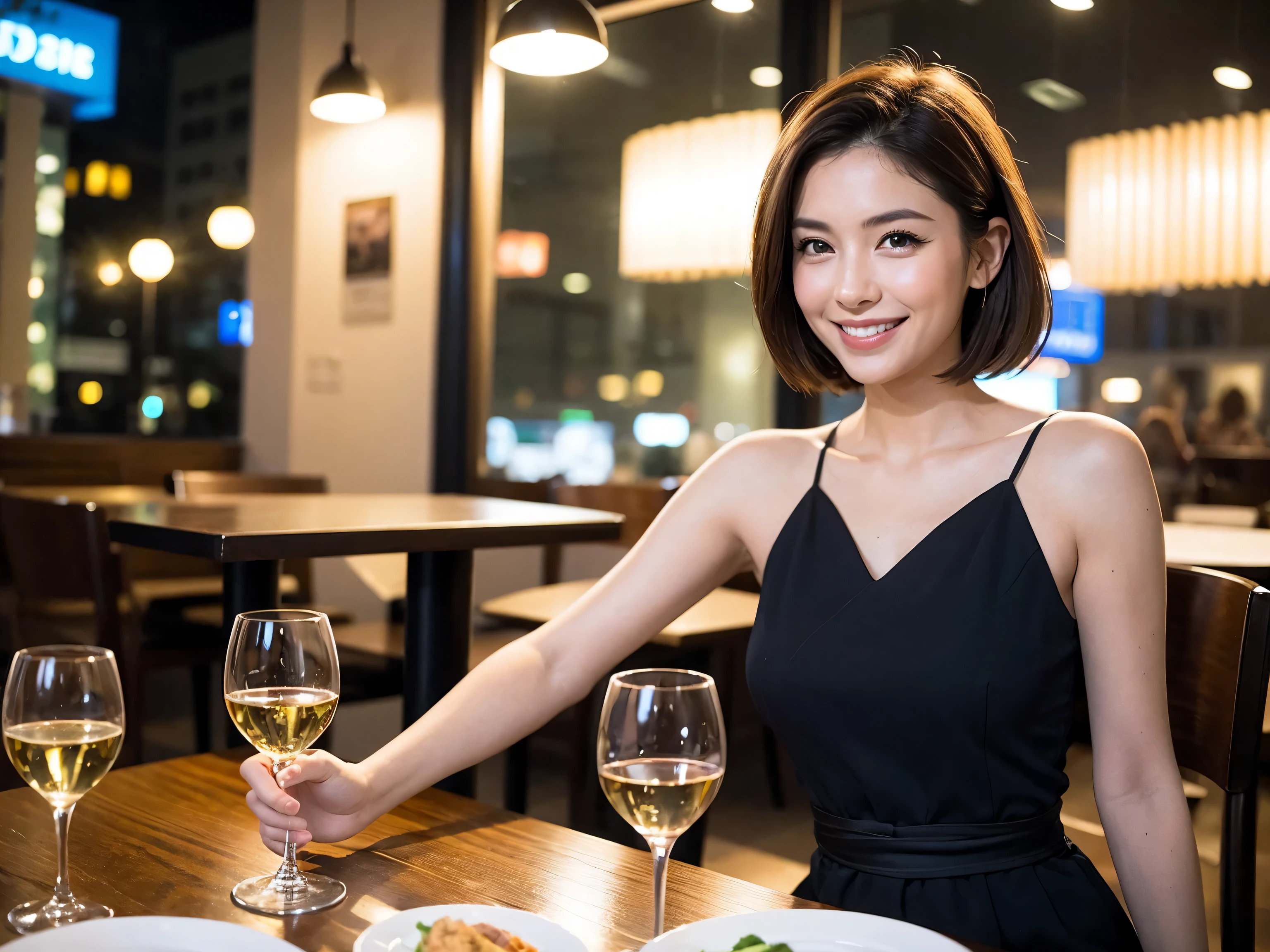 (64k uhd, nffsw, of the highest quality, masutepiece: 1.2), (Realistic, Photorealistic: 1.37), Pretty Woman 1, (Slim Face), (slimボティ), (Brown hair), (short-cut), Dutchman、Americana、Frenchman、cheeks blush a little, (40 years old), 38 years, Solo, A beautiful and detailed night view spreads out outside the window........, restaurant, wine glassesに座って, At night, In a prominent place (from waist up) NovaFrogStyle, actress, Model, waist-up, white wine, slim, wine glasses, Super clean night view, 真ん中に置かれたwine glasses, Happy smile, (Smile: 1.15), Beautiful fine eyes, Upper body, Bust Japan Up, Night, Short, Short, actress, Model, waist-up, white wine, slim, wine glasses, Super clean night view, 真ん中に置かれたwine glasses, Happy smile,