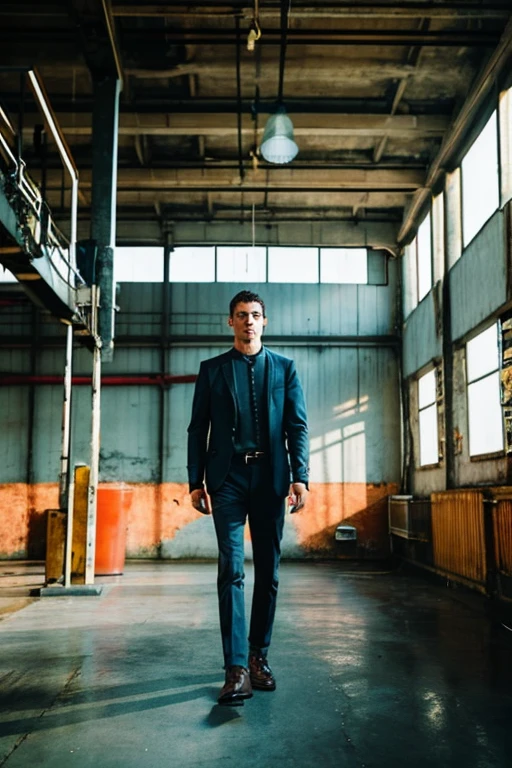 There is a man in an old factory, and there is an old train there.