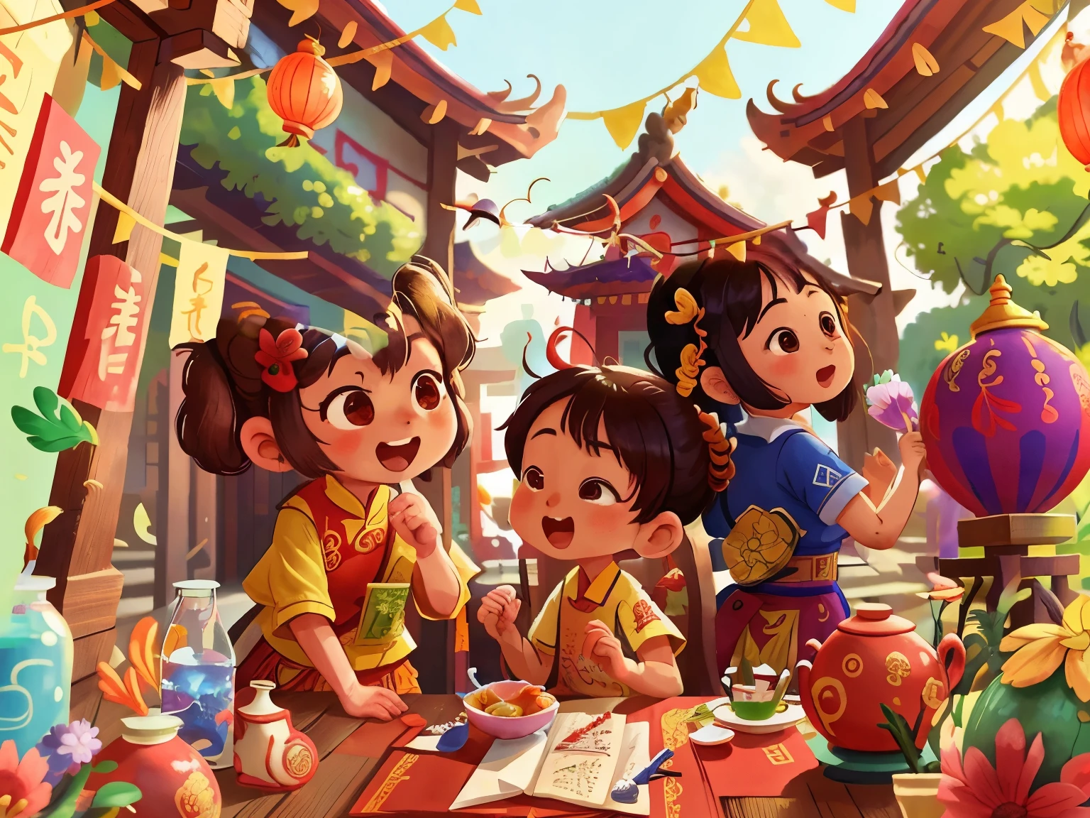The background is a Chinese temple、Mix medicines、、perfectquality、Clear focus (Clutter-Home:0.8)、(​masterpiece:1.2) (realisitic:1.2) (bokeh dof) (top-quality) (detailed skins:1.3) (intricate-detail) (8K) (Eye of Detail) (foco nítido), (Happiness) a group ethenic children
