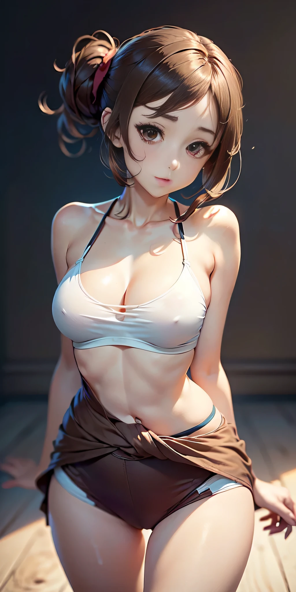 ((animado, estilo Anime profesional, A light-skinned young woman with waist-length dark brown hair and brown eyes.. Ella es descrita como una chica muy linda y atractiva, (lugar y vestimenta corta random), pose lateral aleatoria))