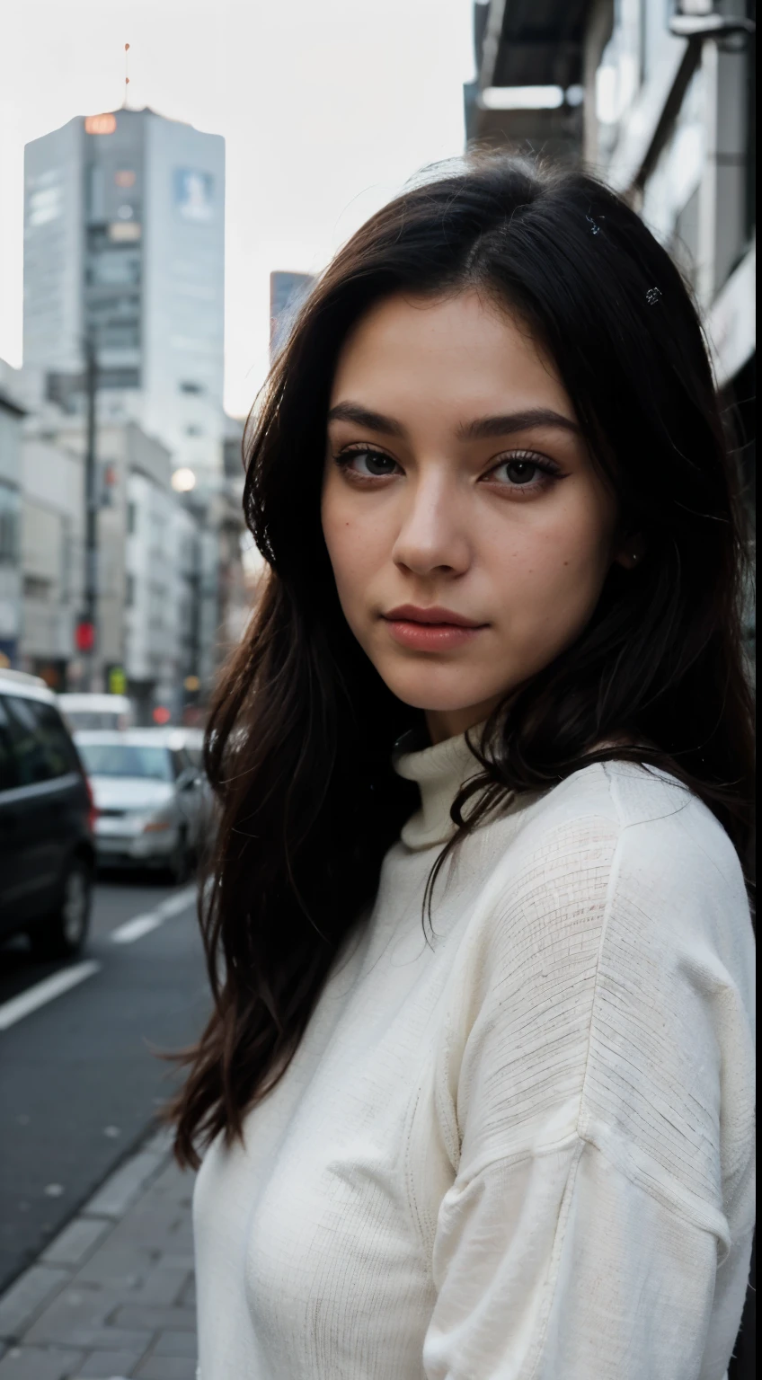 Beautiful fashion models, very long black hair luxury, clear eyes, red turtleneck sweater, face view, portrait close up, tokyo street background, black and white film, photography quality, high detail, high quality, 8k, ((makeup))