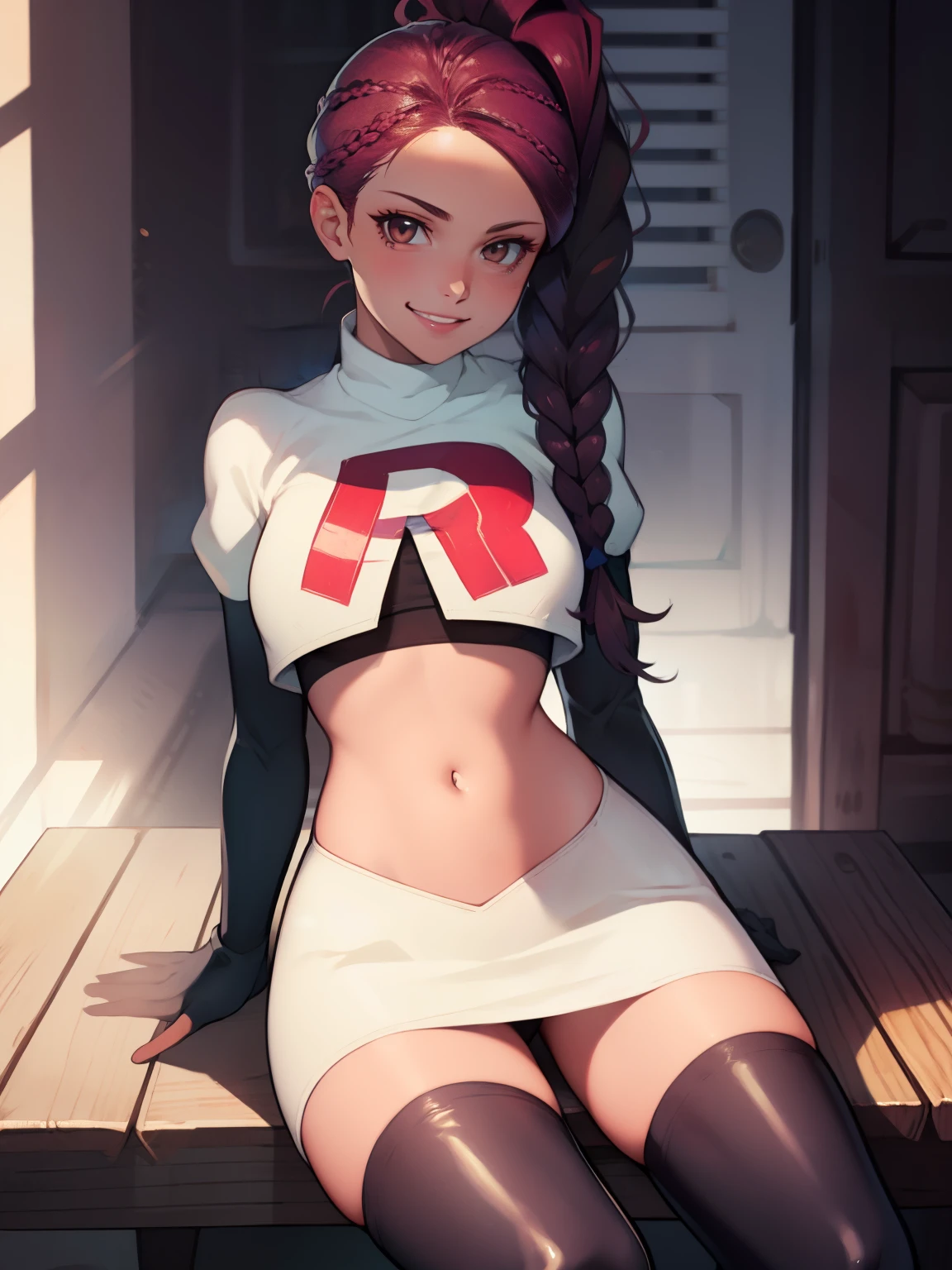 Petra, braided ponytail, brown eyes, glossy lips ,team rocket uniform, red letter R, white skirt,white crop top,black thigh-high boots, black elbow gloves, evil smile, looking at viewer, cowboy shot, sitting down legs crossed