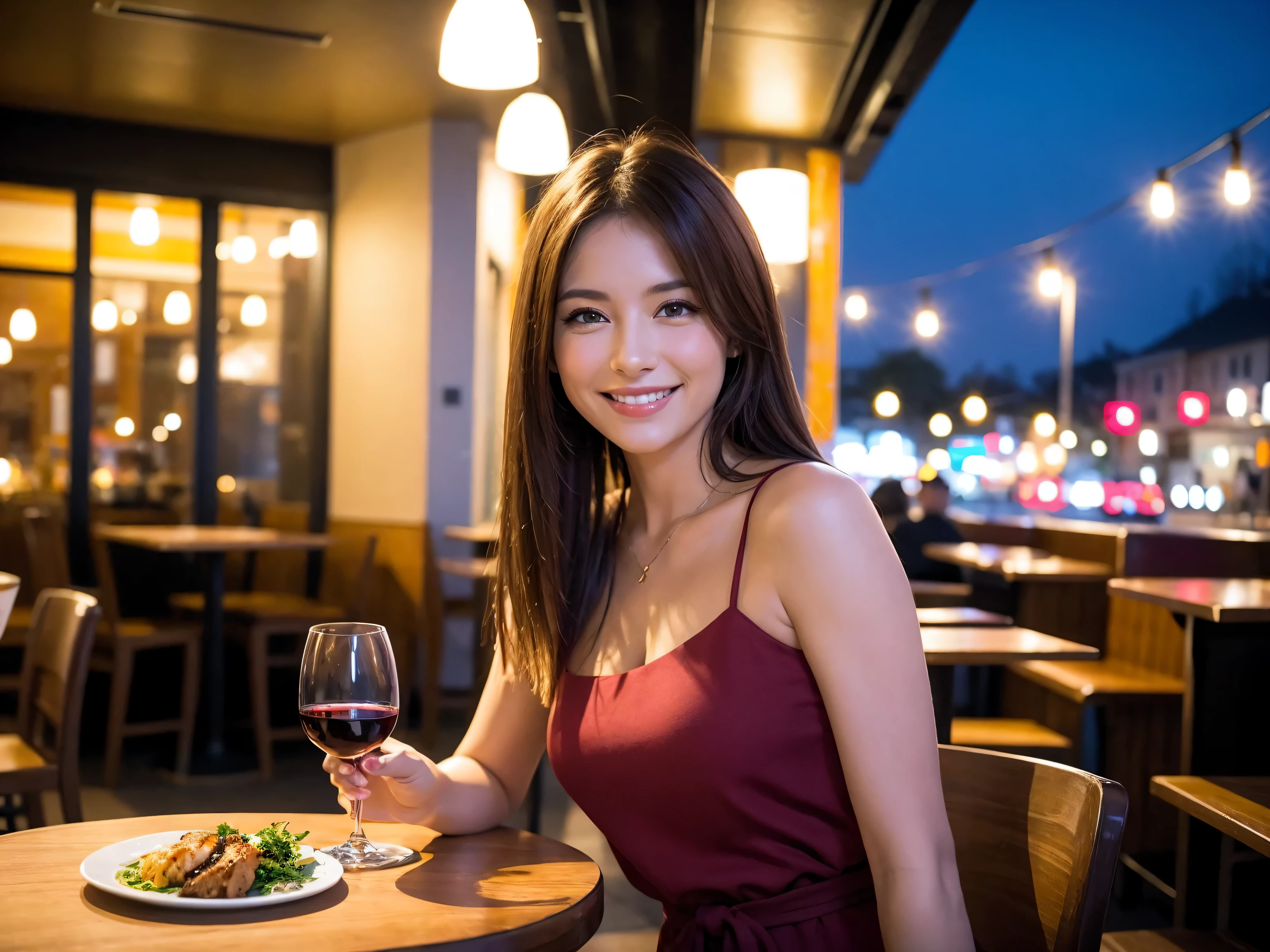 (64k uhd, nffsw, of the highest quality, masutepiece: 1.2), (Realistic, Photorealistic: 1.37), Pretty Woman 1, (Slim Face), (slimボティ), (Brown hair), (short-cut), Dutchman、Americana、Frenchman、cheeks blush a little, (40 years old), 38 years, Solo, A beautiful and detailed night view spreads out outside the window........, restaurant, wine glassesに座って, At night, In a prominent place (from waist up) NovaFrogStyle, actress, Model, waist-up, white wine, slim, wine glasses, Super clean night view, 真ん中に置かれたwine glasses, Happy smile, (Smile: 1.15), Beautiful fine eyes, Upper body, Bust Japan Up, Night, Short, Short, actress, Model, waist-up, white wine, slim, wine glasses, Super clean night view, 真ん中に置かれたwine glasses, Happy smile,