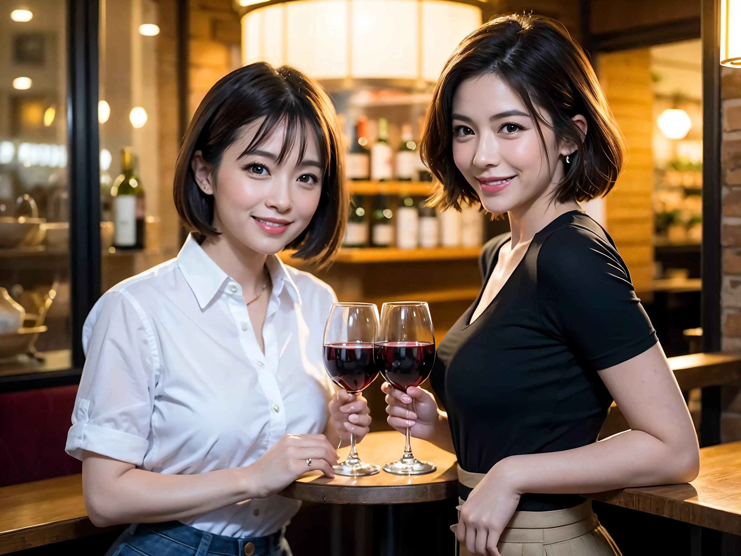 (64k uhd, nffsw, of the highest quality, masutepiece: 1.2), (Realistic, Photorealistic: 1.37), Pretty Woman 1, (Slim Face), (slimボティ), (Brown hair), (short-cut), Dutchman、Americana、Frenchman、cheeks blush a little, (40 years old), 38 years, Solo, A beautiful and detailed night view spreads out outside the window........, restaurant, wine glassesに座って, At night, In a prominent place (from waist up) NovaFrogStyle, actress, Model, waist-up, white wine, slim, wine glasses, Super clean night view, 真ん中に置かれたwine glasses, Happy smile, (Smile: 1.15), Beautiful fine eyes, Upper body, Bust Japan Up, Night, Short, Short, actress, Model, waist-up, white wine, slim, wine glasses, Super clean night view, 真ん中に置かれたwine glasses, Happy smile,