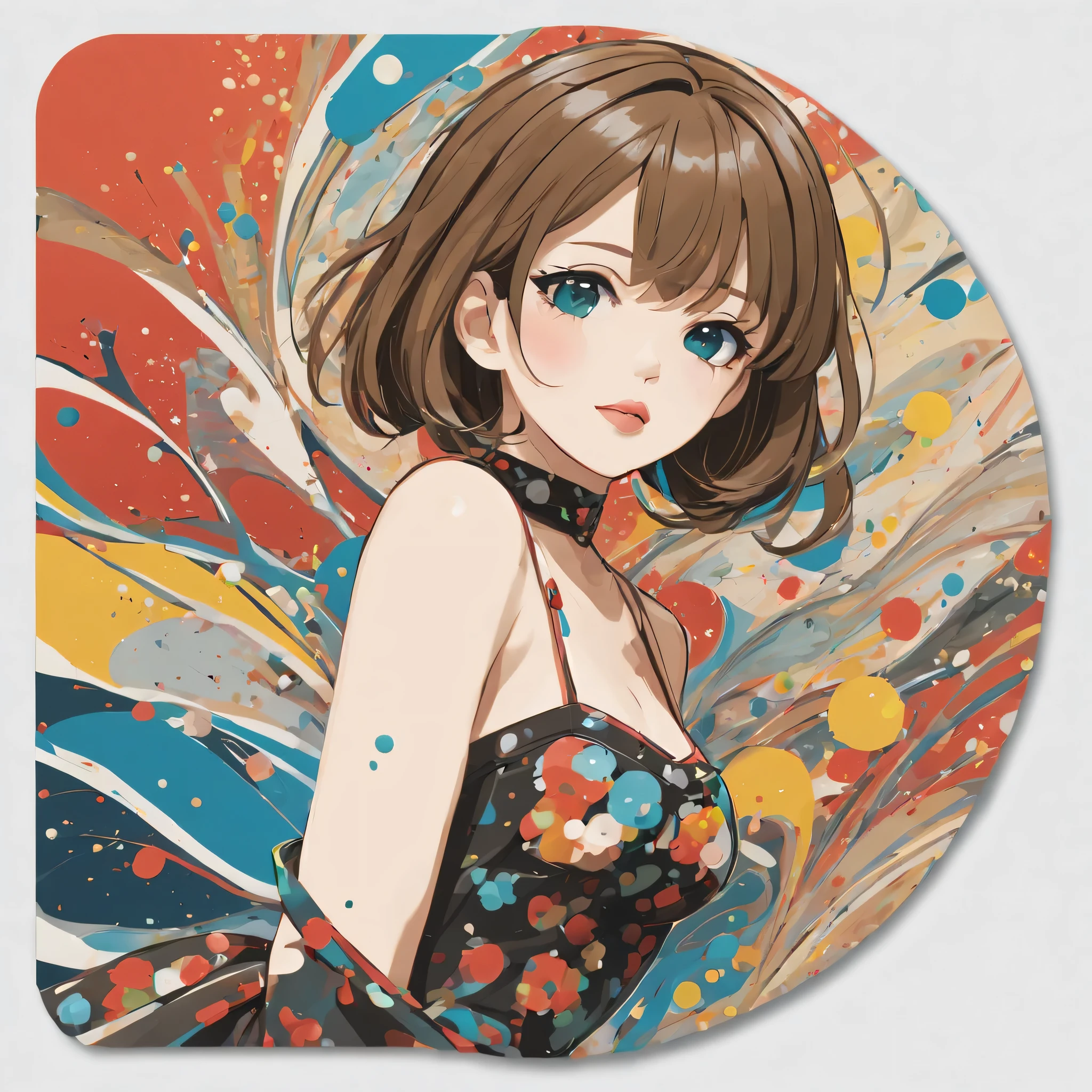 (a sticker,),(3D anime girl),dress, elegance,beautyful face,(In circlerown background), (pollock border)（oil painting style）， ultra - detailed, best quality, Detailed diagram, vectorized, 8K, 专业a sticker设计, Graphic design, vector lines, a sticker, Full-HD