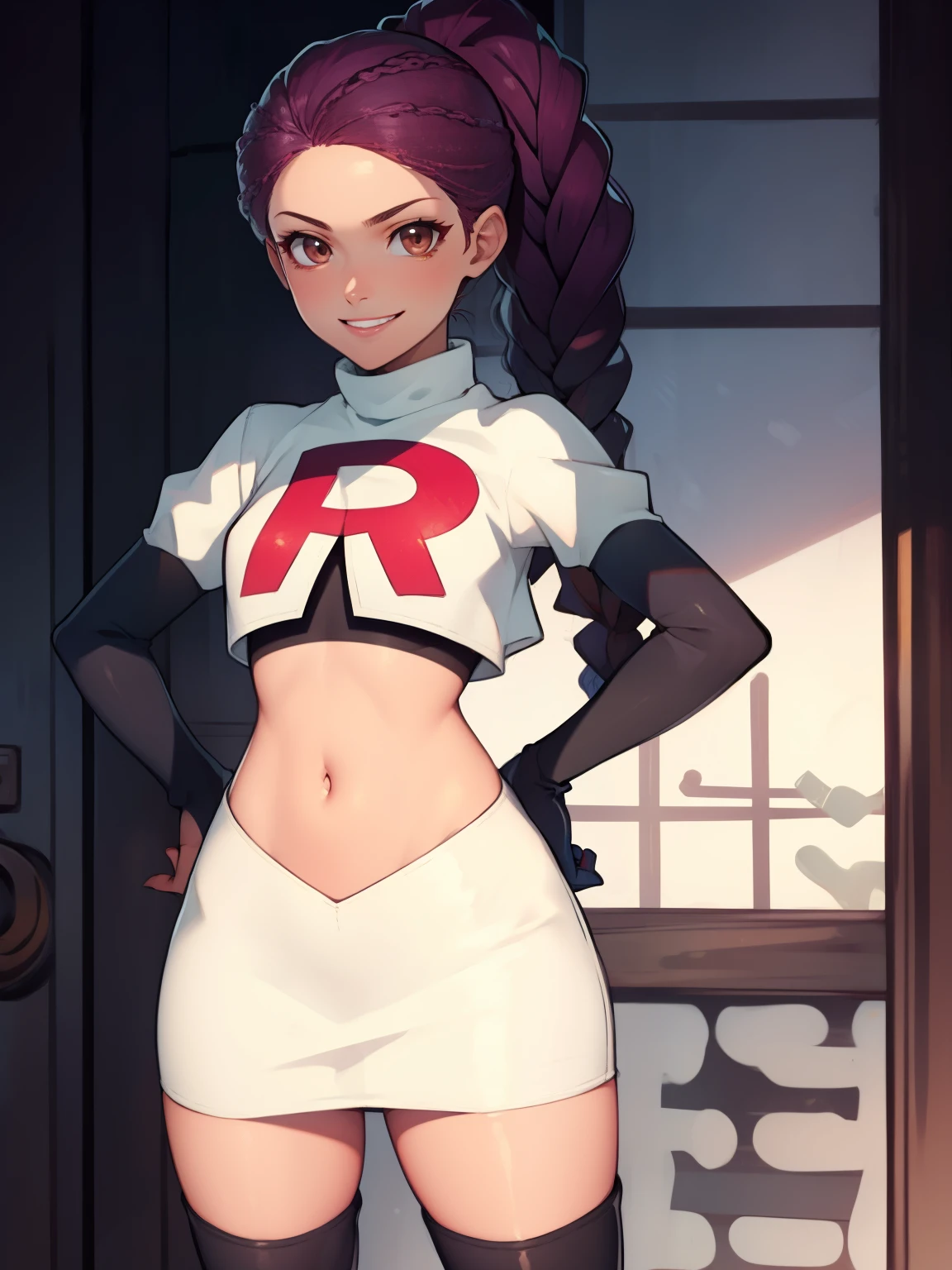 Petra, braided ponytail, brown eyes, glossy lips ,team rocket uniform, red letter R, white skirt,white crop top,black thigh-high boots, black elbow gloves, evil smile, looking at viewer, cowboy shot, hands on hips