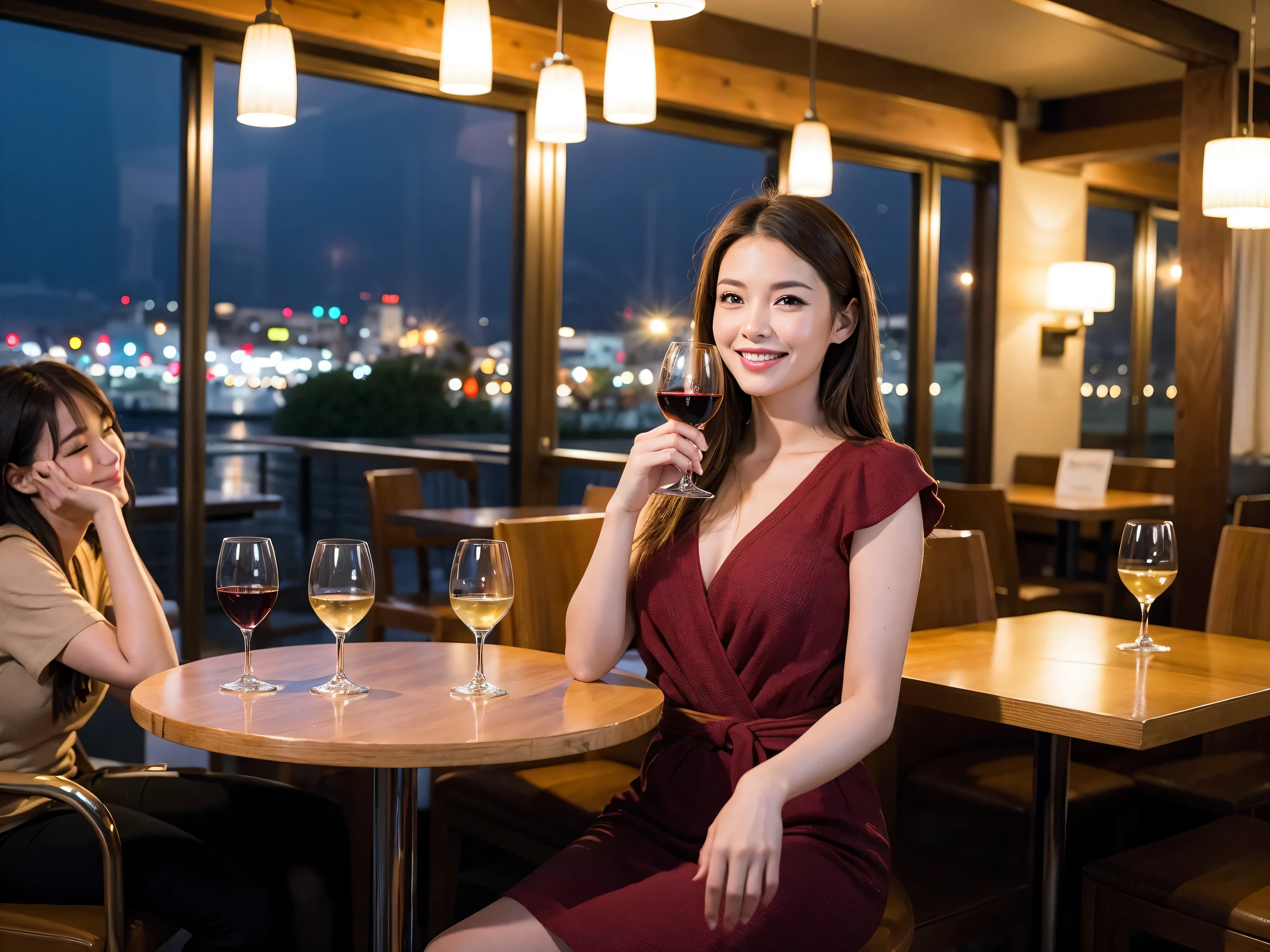 (64k uhd, nffsw, of the highest quality, masutepiece: 1.2), (Realistic, Photorealistic: 1.37), Pretty Woman 1, (Slim Face), (slimボティ), (Brown hair), (short-cut), Italian、Dutchman、Americana、Frenchman、cheeks blush a little, (40 years old), 38 years, Solo, A beautiful and detailed night view spreads out outside the window........., restaurant, wine glassesに座って, At night, In a prominent place (from waist up) NovaFrogStyle, actress, Model, waist-up, white wine, slim, wine glasses, Super clean night view, 真ん中に置かれたwine glasses, Happy smile, (Smile: 1.15), Beautiful fine eyes, Upper body, Bust Japan Up, Night, Short, Short, actress, Model, waist-up, white wine, slim, wine glasses, Super clean night view, 真ん中に置かれたwine glasses, Happy smile,