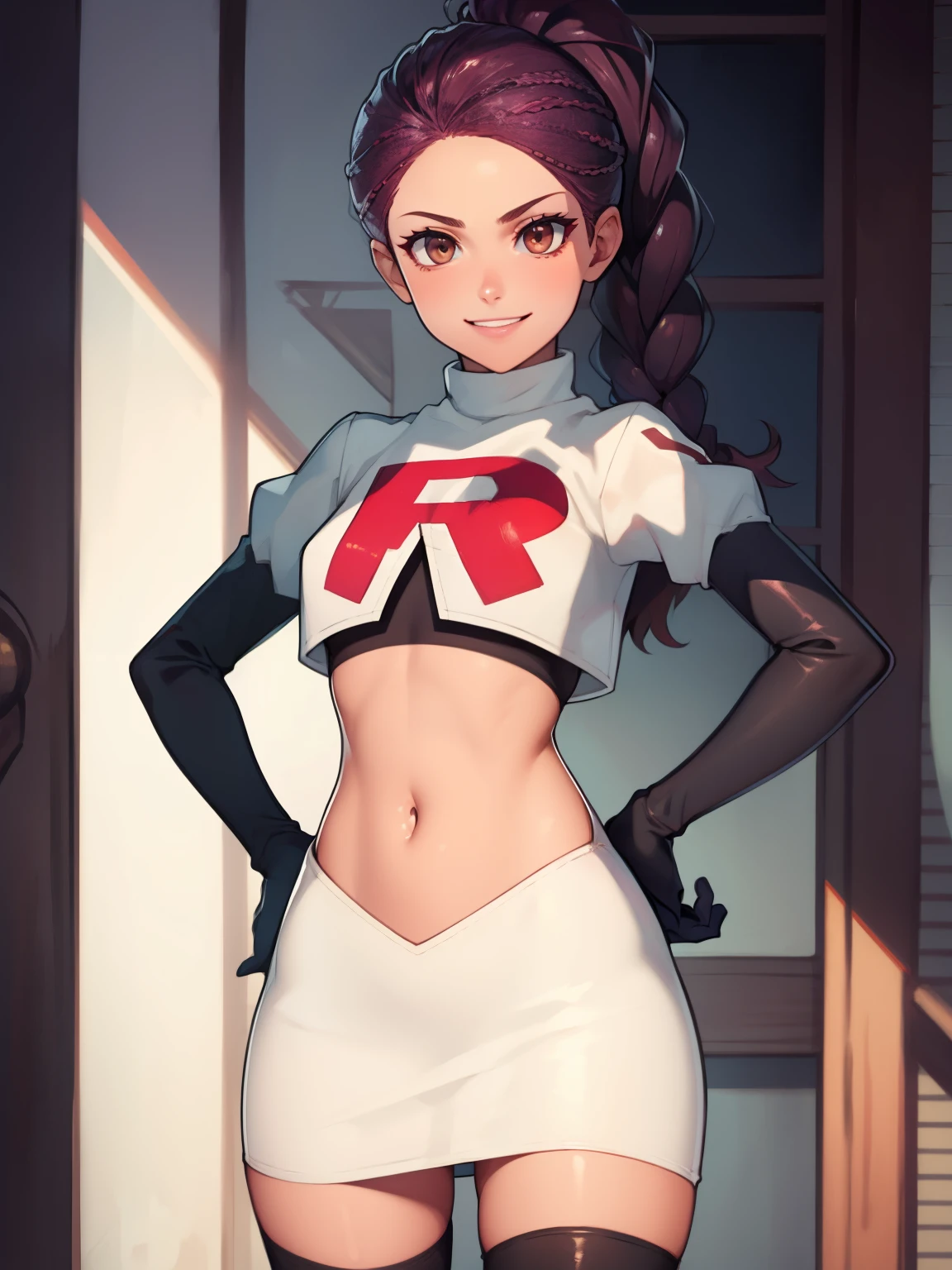 Petra, braided ponytail, brown eyes, glossy lips ,team rocket uniform, red letter R, white skirt,white crop top,black thigh-high boots, black elbow gloves, evil smile, looking at viewer, cowboy shot, hands on hips