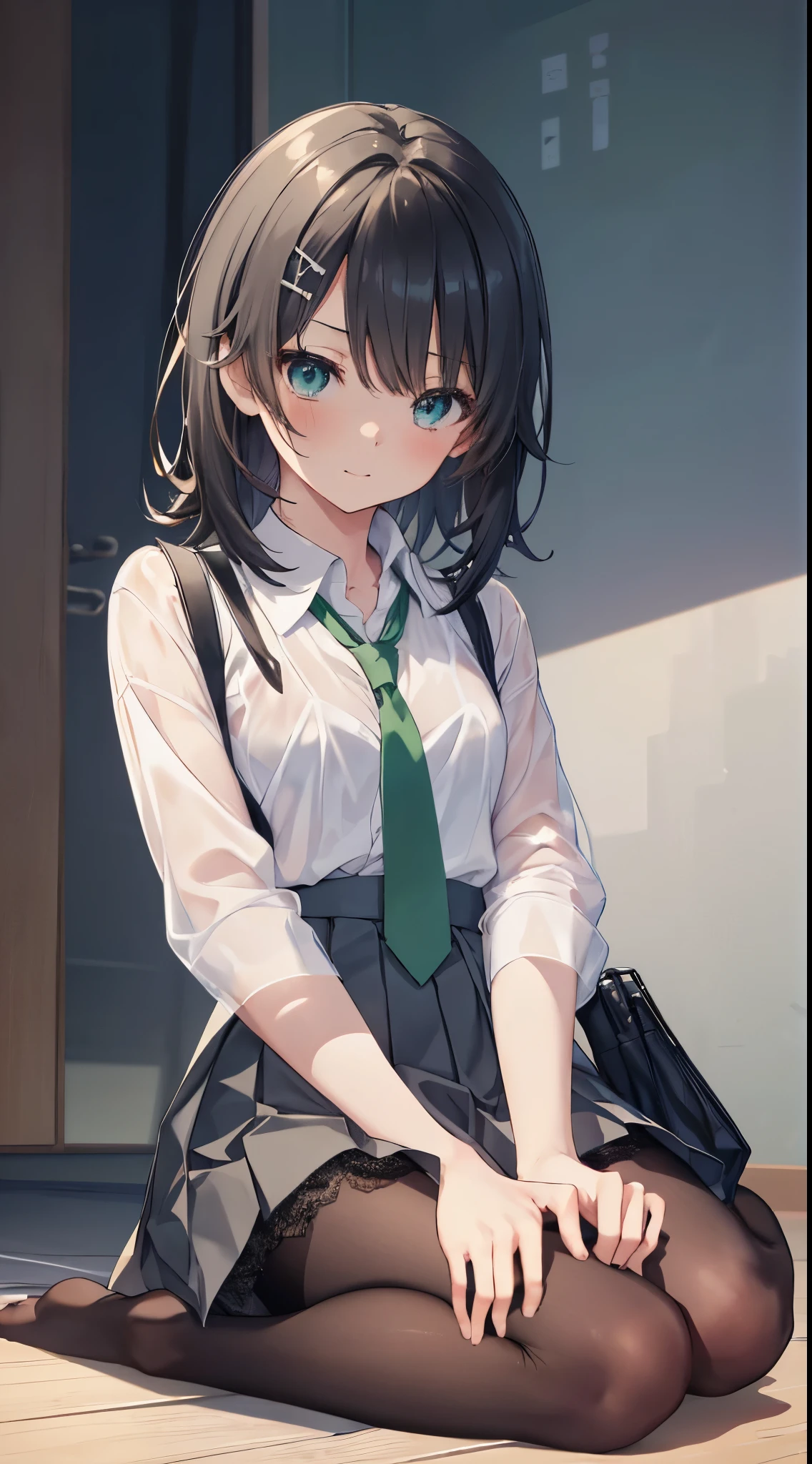 Takiinoue, Takina Inoue, Long hair, 前hair, black hair, (紫のeye:1.2), blake shirt, long sleeve, one piece, ribbon, School uniform, whiteのシャツ, collared shirt, belt bag, ネックribbon, green one piece, green Ribbon, pleatsドレス, gray dress, two tone dress, green belt, lycorisuniform, highest quality, High resolution, unity 8k wallpaper, (illustration:0.8), (美しく細かいeye:1.6), highly detailed face, perfect lighting, Highly detailed CG, (perfect hands, perfect ???????),whole body from head to legs、full body esbian、thin legs、small breasts、sit on the floor、put it on the floor、On your back、spread legs、cross the fronts、Composition from below、足をM字spread legsする、Panty shots、Sitting on inner thighs、曲がった膝と足を開いてsit on the floor、positive、下半身はpositiveに、In 8K, highest quality, real image, intricate details, super detailed, Super high resolution, depth field,(photoreal,realistic:1.2),masterpiece, 0.25 :: Close-up , straight on shot , from the middle , 1 girl, eat_Chan, very beautiful 17 year old girl, whole body from head to legs, full body esbian, A little tension I feel、無邪気な大きなeye元_short_hair), (green_eye:1.0),(前hair),dishevled hair,(hair clips), sexy pose、bewitching sweat、soaking wet body、Pure white lingerie perfect shiny skin, perfect skin, fair white skin, small breasts, narrow waist, light blush, solo, looking at the viewer, light smile,　perfect five fingers, Small toes、Sweat、 wear((School_uniform)、(white_skirt)、(green_length_tie)、(green_pleats_skirt)、(black_pantyhose:1.2)、 knee high、stockings、Pure white pantielack_wearing white panties inside stockings、wearing white panties inside black transparent stockings、wearing white panties inside black stockings、wearing white panties inside black pantyhose、wearing white panties inside black lace pantyhose、wearing white panties inside black lens stockings、wearing white panties in black light pantyhose、wearing white panties in black transparent pantyhose、No S information
