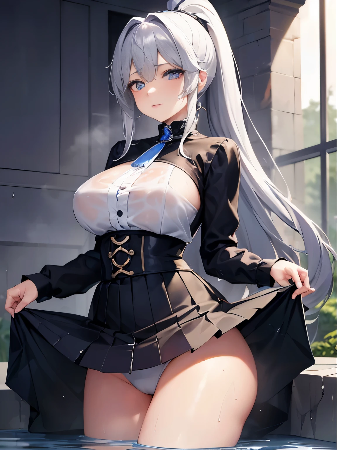 masterpiece:1.3、ultra high resolution:1.3、Beautiful woman、alone、G cup、ponytail、two tone hair、beautiful silver hair、blue eyelid body image、real moist skin、(soaking wet body:1.3)、fashion、long sleeve、skirt、