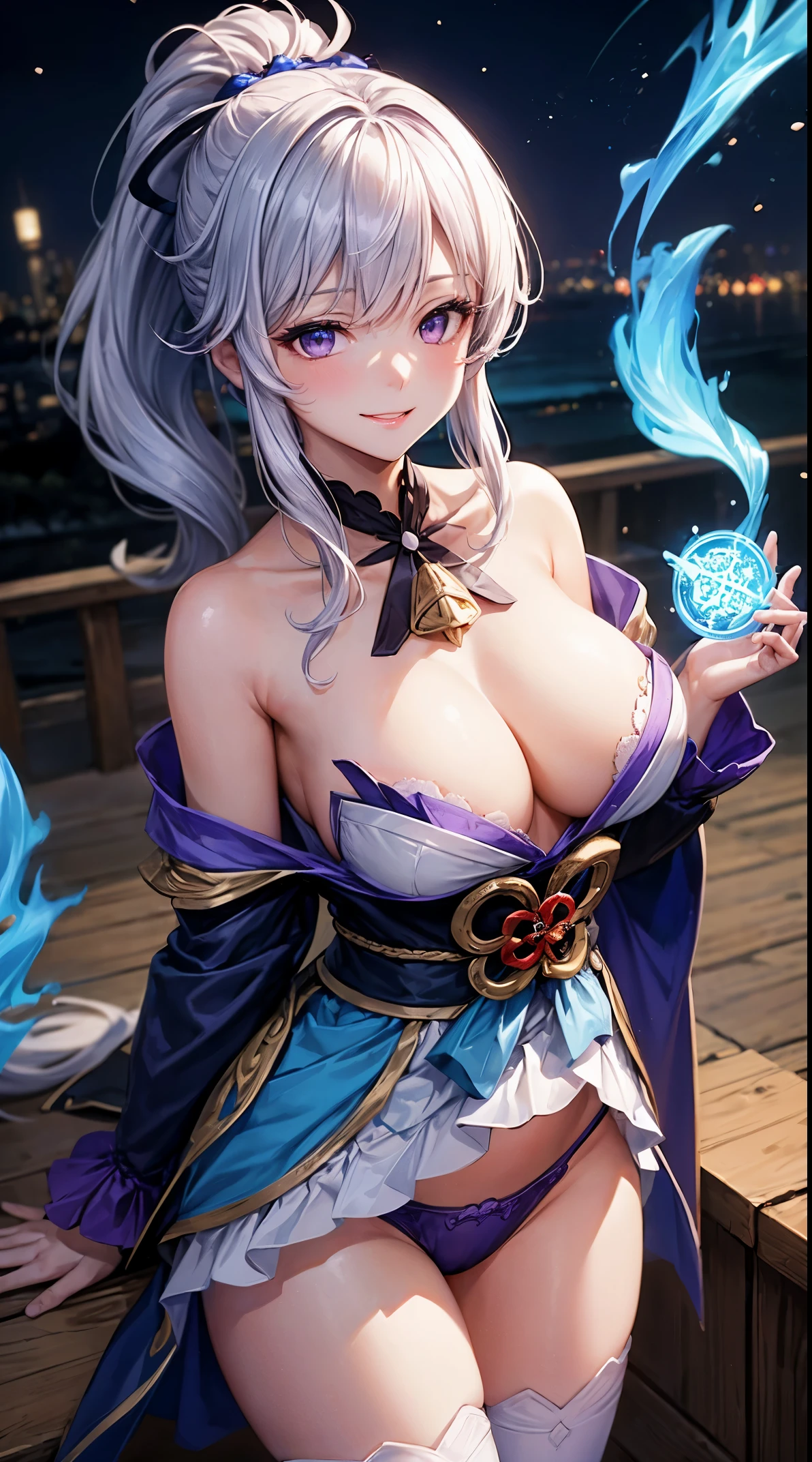 ((highest quality、8K、masterpiece:1.3))、Extraordinary Beauty、Ultimate Beauty、revealing underwear:1.2、Super Detail Face、delicate eyes、smile、erotic expression、sexy look、Sexy look、looking at the camera、(((((sexually seducing)))))、(((((Embarrassingly seduces by offering sexual services)))))、beautiful girl、Large beautiful breasts、cleavage、slim、slender、1 girl, kimono, ponytail ,gray hair, purple eyes, magic circle, blue fire, blue flame, wallpaper, landscape, Depth of the bounds written, night, light particles, light, side light, thighs, genshin impact, Open jacket, skirt, Thighhighs, cloud