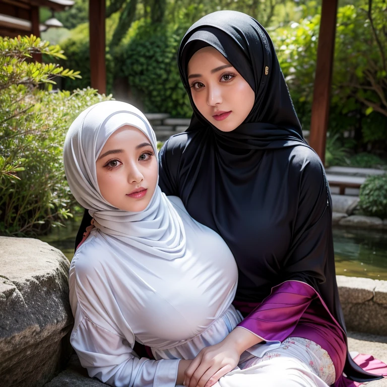 8K, absurdres, detailed face, half body, a beautiful muslimah woman named mira with medium breasts is wearing chador and malay baju kurung, her attractive girlfriend named filzah with big breasts wearing shawl and dress, mira is sucking filzah's breasts and tits, filzah's head tilted up feeling pleasure, in a japanese garden, photorealistic, masterpiece, highly-detailed