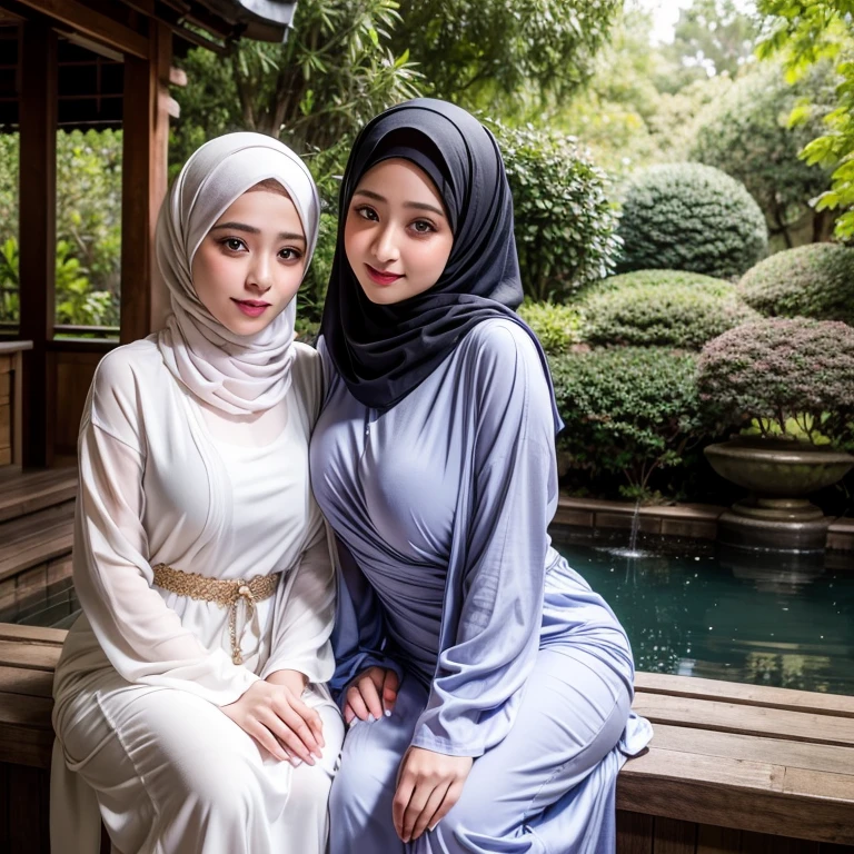 8K, absurdres, detailed face, half body, a beautiful muslimah woman named mira with medium breasts is wearing chador and malay baju kurung, her attractive girlfriend named filzah with big breasts wearing shawl and dress, mira is sucking filzah's breasts and tits, filzah's head tilted up feeling pleasure, in a japanese garden, photorealistic, masterpiece, highly-detailed