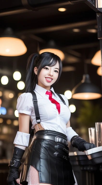 Final Fantasy VII, (Nose face elbow pad, ankle boots, black hair, black skirt, black Raise your legs high, red boots, elbow gloves, Elbow pads, fingerless gloves, tight shirt, Good at sports, (suspender black skirt), Raise your legs high, white vest, The upper body is ultra-realistically thick and muscular!! with type_Melons, black hair,张开Mouth, blush, Tongue rest, Sticking out tongue, saliva, Roll your eyes、 whole body, look at the audience, Posing while standing at the bar,  Mouth, cosmetic, Bokeh, best quality, masterpiece, high resolution, ultra high definition, 1080P