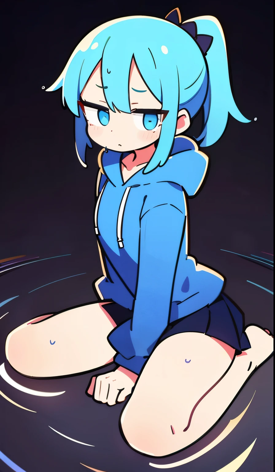 masterpiece:1.3、ultra high resolution:1.3、Beautiful woman、alone、G cup、ponytail、two tone hair、blue eyelid body image、real moist skin、(soaking wet body:1.3)、fashion、skirt、hoodie
