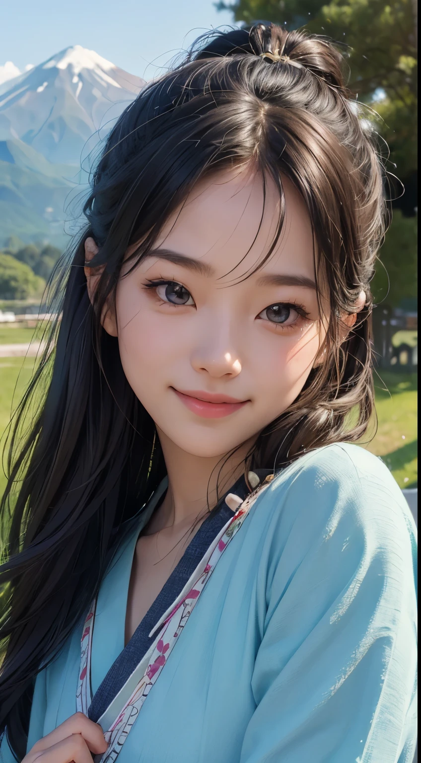 beautiful girl in a simple primitive costume made of hemp, with Japanese dog, front face, photo, an extremely delicate and beautiful, extremely detailed, Amazing, extremely detailed skin, (18 years old:1.2), cute girl, famous Japanese idol, kawaii, fair skin, shiny skin, chin thin, (smile:1.2), cute, young, extremely detailed nose, extremely detailed mouth, cute face, (realistic face:1.4), beautiful views, japan, nature, grass field, mountain, outdoors, blue sky