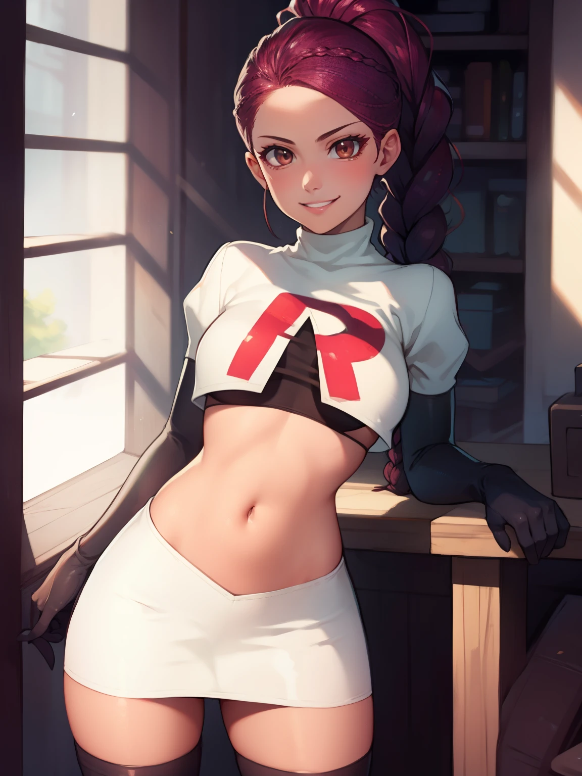 Petra, braided ponytail, brown eyes, glossy lips ,team rocket uniform, red letter R, white skirt,white crop top,black thigh-high boots, black elbow gloves, evil smile, looking at viewer, cowboy shot, sexy poses