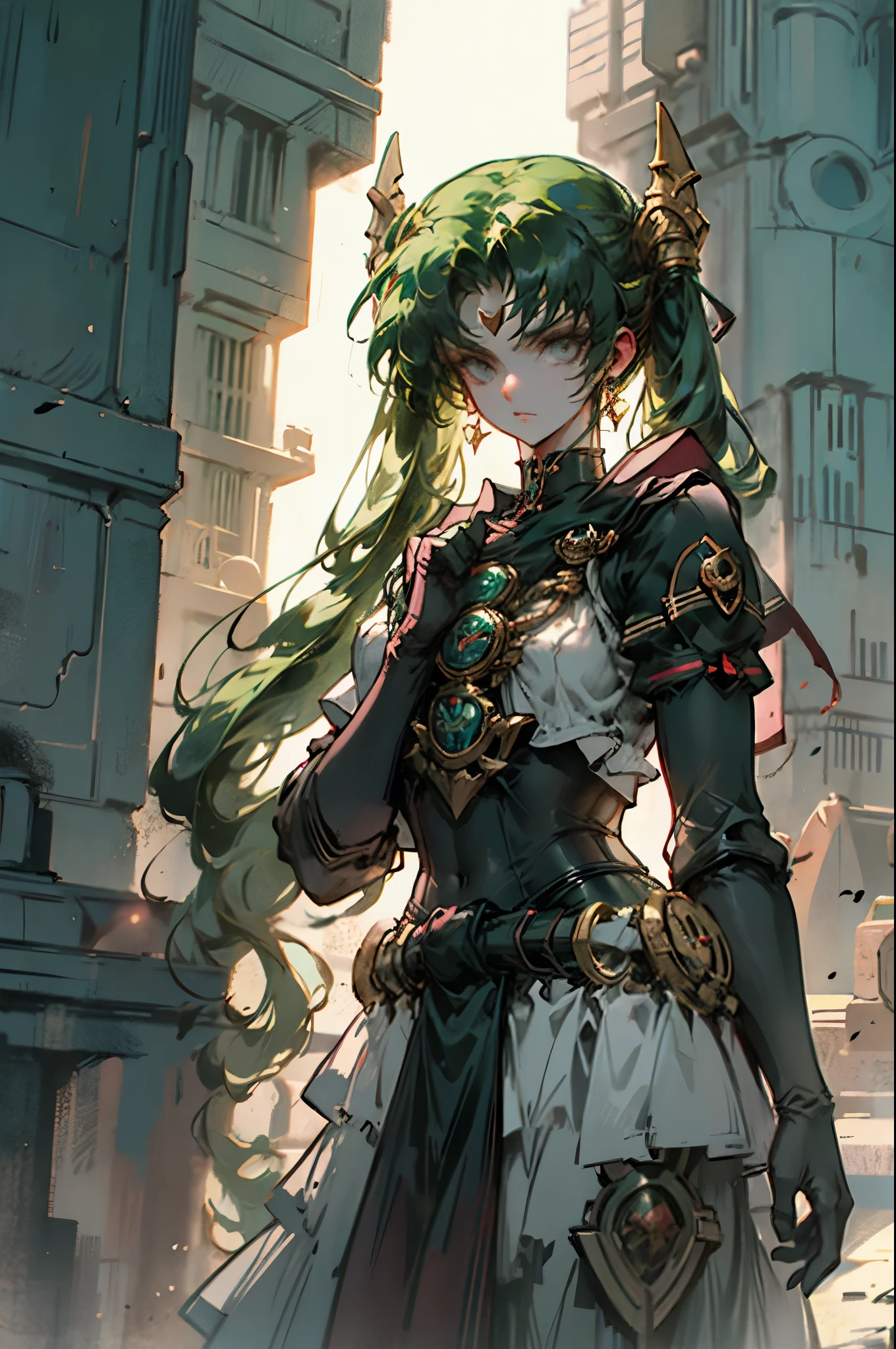 Black Kakalot Female, Green Hair, Look at Viewer, ancient tower