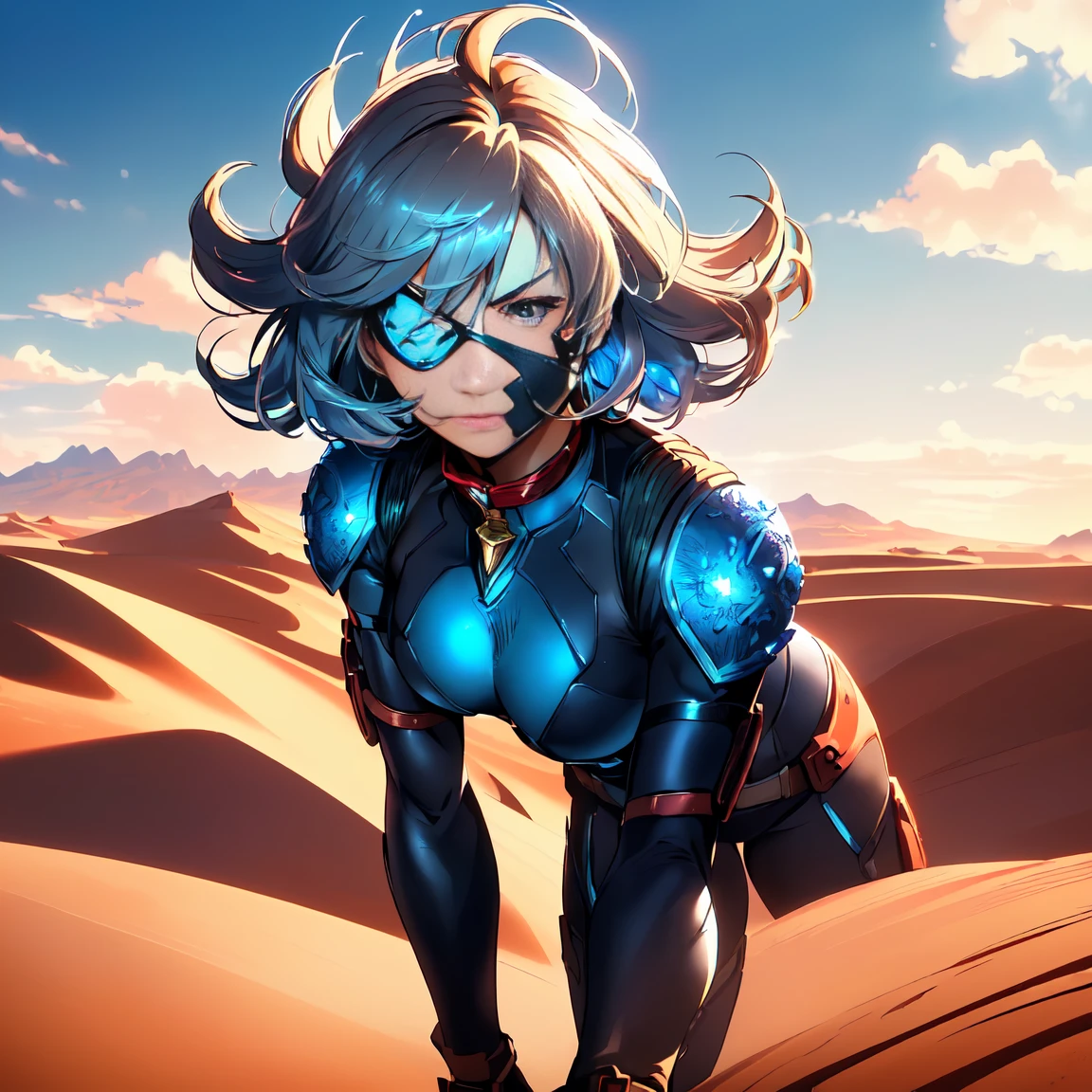 masterpiece, best quality, high quality, absurdres, illustration, film grain, chromatic aberration, dramatic lighting, (high resolution,masterpiece, ultra best quality, insanely amazing hyper fine extremely detailed, official:1.4)
(solo girl, female),(eye patch on left eyes:1,2 ),solo, solo focus, 1girl,
((punk outfit )),((short silver hair ))++++, dynamique pose, full body, 
break
in the style of a 80's movie and japan animation,((dune, nausicaä of the valley of the wind, trigun, akira),(masterpiece:1.5, best quality:1.5),(red sand desert), (red desert landscape), ruine in backgournd, amazing, beautiful detailed, extremely detailed wallpaper, extremely detailed CG unity 8k wallpaper, extremely delicate and beautiful, finely detailed, extremely detailed wallpaper, official art, detailed background, beautiful detailed shadow: 1.5, cinematic lighting, backlight),