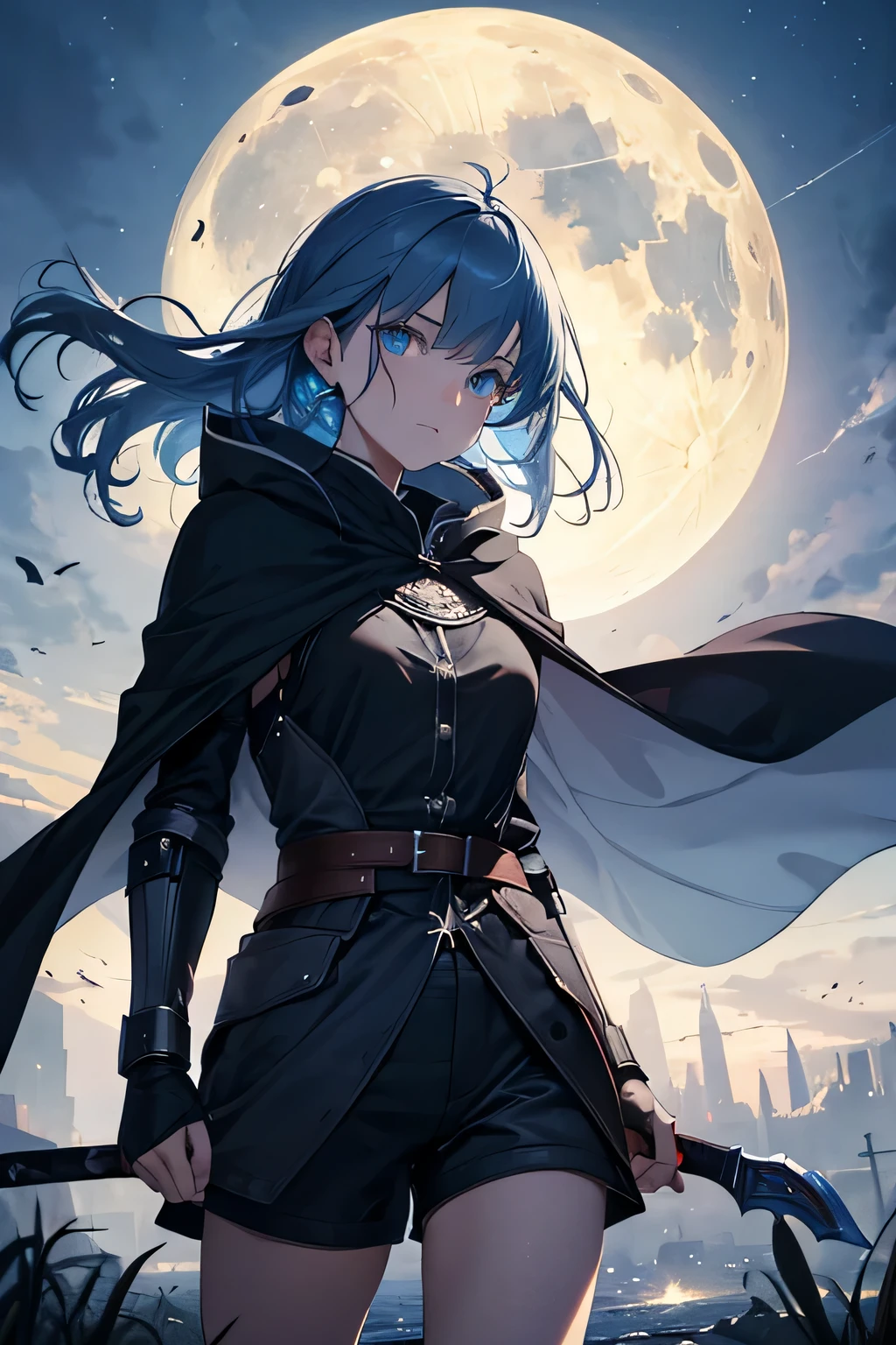 "(highest quality,High resolution,masterpiece:1.2),super detailed,(realistic,photorealistic,photo-realistic:1.37),portrait,Medieval,moon night,1 girl,blue eyes,medium blue hair,shorts,black cloak,fantasy,assassin,dagger,battle scene,nothingness,action packed,quiet solitude,motion blur,dynamic composition,dramatic lighting,Bright colors,rays of moonlight,shining eyes"