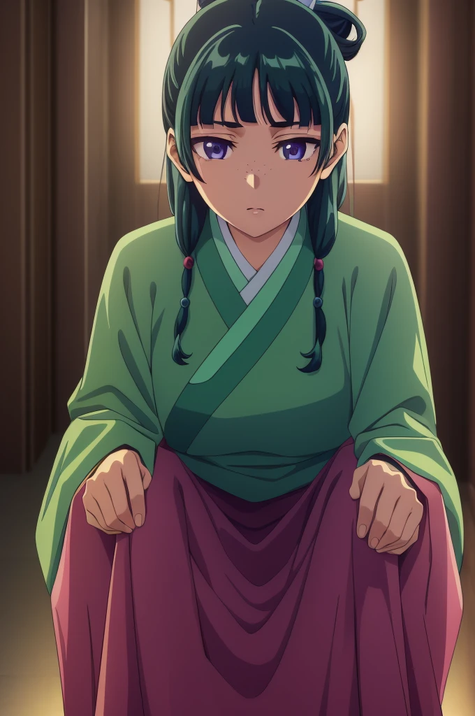 squatting,lattice,indoors, her stomach visible, her stomach visible
maomao,1girl,blunt bangs,green hair,long hair,blue eyes,solo,
gonvgreen,sidelocks,twin braids,hair over shoulder,hair beads,half updo,single hair bun,hair ribbon,blue ribbon,freckles,hanfu,green japanese clothes,long sleeves,wide sleeves,purple skirt,long skirt,shoes,, Exquisite visuals, high-definition,masterpiece,best quality,, 18yo,Young female,Beautiful Fingers,Beautiful long legs,Beautiful body,Beautiful Nose,Beautiful character design, perfect eyes, perfect face,expressive eyes,
official art,extremely detailed CG unity 8k wallpaper, perfect lighting,Colorful, Bright_Front_face_Lighting,shiny skin, 
(masterpiece:1.0),(best_quality:1.0), ultra high res,4K,ultra-detailed,
photography, 8K, HDR, highres, absurdres:1.2, Kodak portra 400, film grain, blurry background, bokeh:1.2, lens flare, (vibrant_color:1.2), (beautiful_face:1.5),(narrow_waist), ,NSFW,