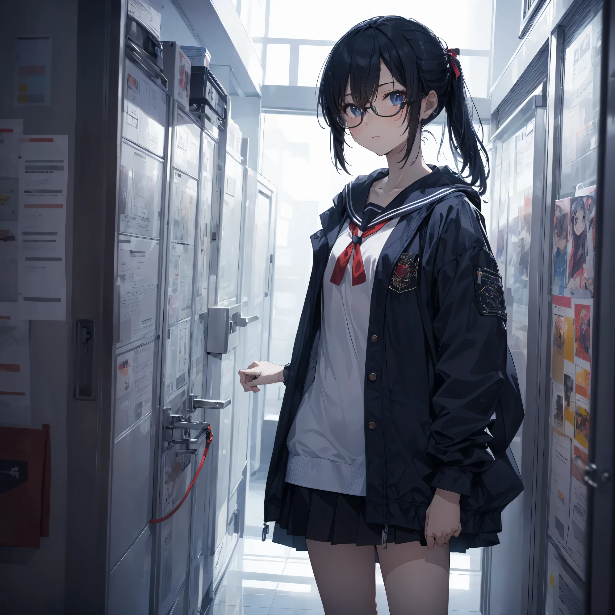 ultra-Top-quality by art God, ultra-detailed, high resolution, guweiz style, anime moe artstyle, best anime 8k konachan wallpaper, pixiv contest winner, perfect anatomy, break,(Please draw a picture of a girl walking through the school building alone.),break, a hyperrealistic schoolgirl, (Solo,,15-year-old:1.3),Full limbs, complete fingers,a high school student, ((wearing glasses)), ponytail, soft medium breasts, slim body, Small butt, groin, Small eyes,beautiful detailed black eyes, well-proportioned iris and pupils, highres detailed hair, ((sailor uniform)),in the school,break,super detailed skin,Best lighting by famous artists, 8K,Illustration.