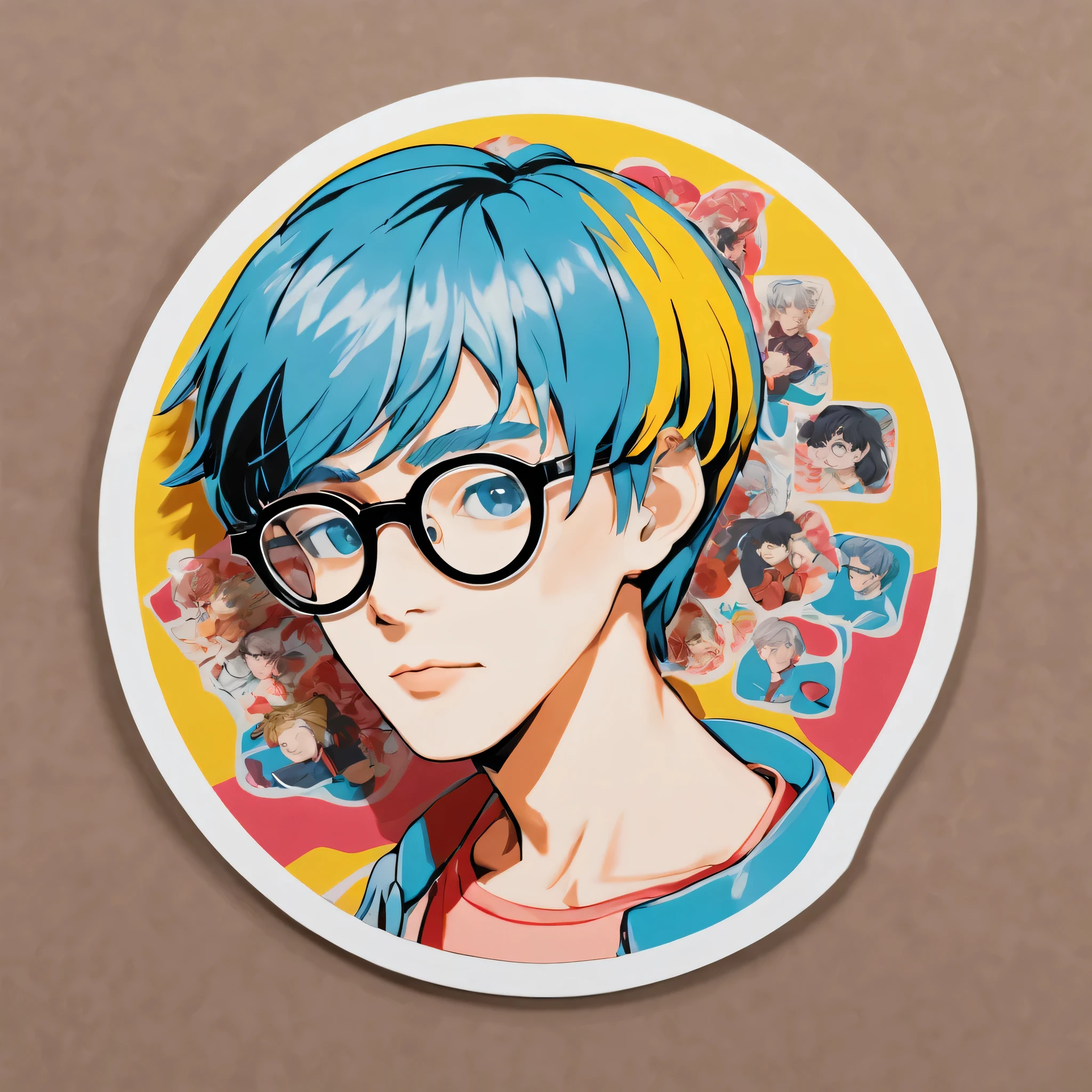 (a sticker,),(3D anime boy),glasses，short hair,(In circlerown background), (Andy Warhol border)（oil painting style）， ultra - detailed, best quality, Detailed diagram, vectorized, 8K, 专业a sticker设计, Graphic design, vector lines, a sticker, Full-HD