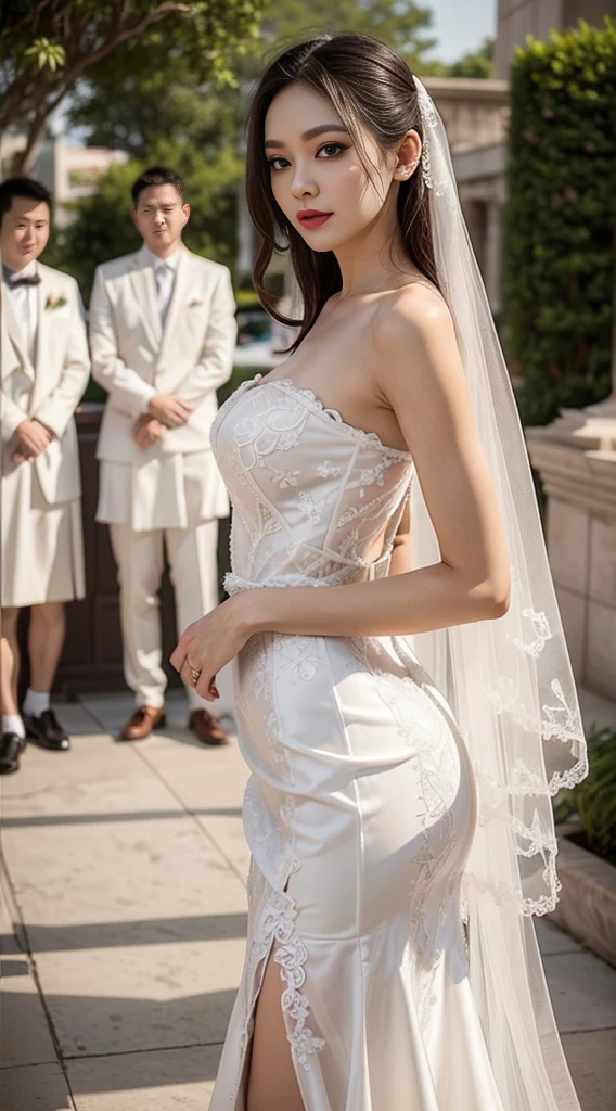 young woman in wedding dress, thin, open shoulder, Transparent openwork lace fabric, skin to skin, transparent, Huge breasts, Big breast augmentation, ร่างกายท่ผอมthin, small waist, Beautiful butt, Long, slender thighs, bridal veil, short skirt, Not wearing underwear, smooth eyes, soft smile, Beautiful makeup, bright red lips, wedding ceremony background