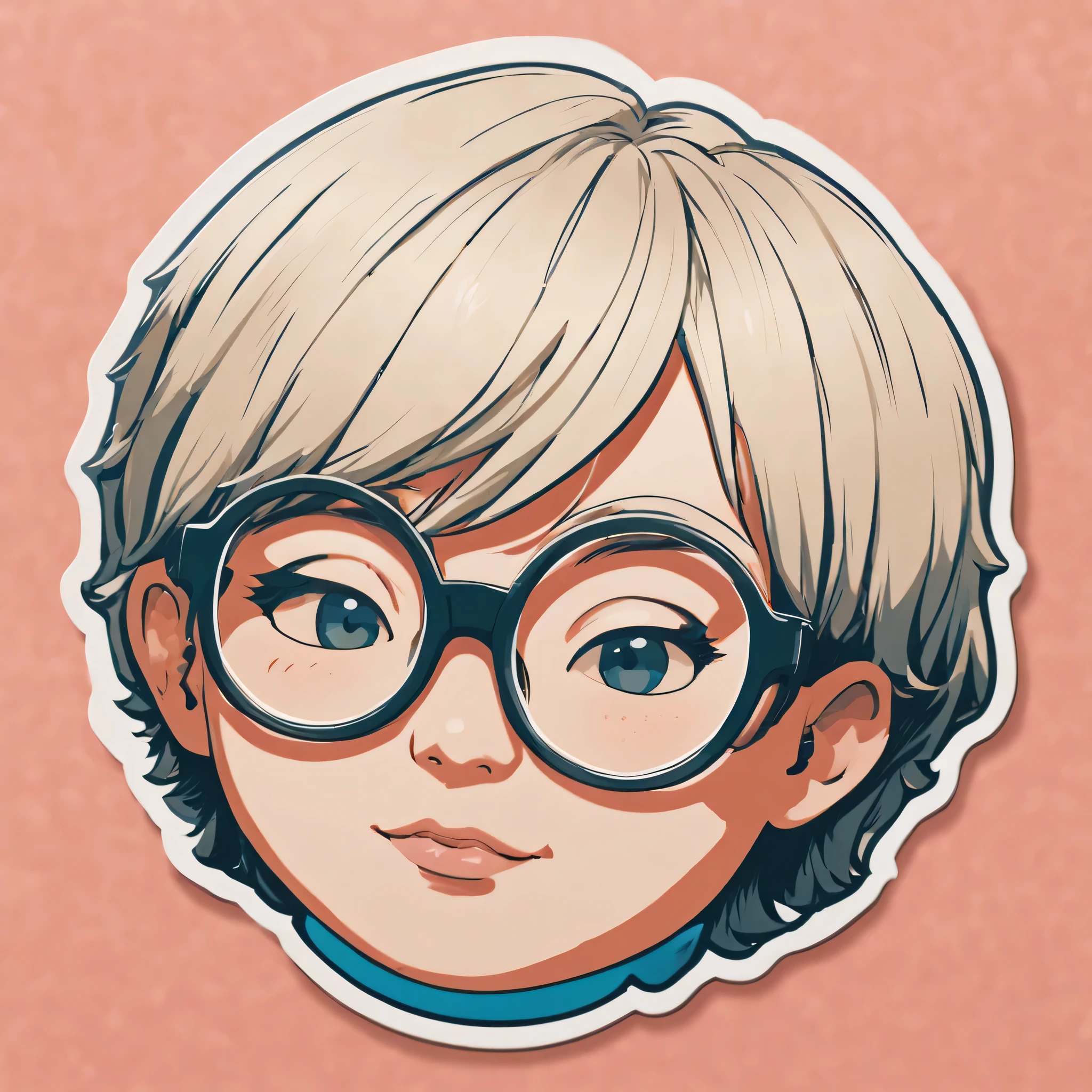 (a sticker,),(3D anime boy),glasses，a little fat, short hair,(In circlerown background), (Andy Warhol border)（oil painting style）， ultra - detailed, best quality, Detailed diagram, vectorized, 8K, 专业a sticker设计, Graphic design, vector lines, a sticker, Full-HD