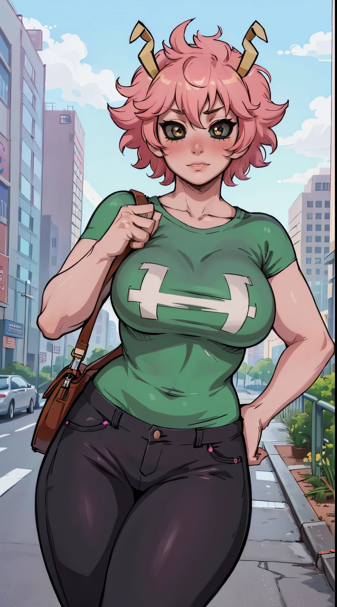 (best quality:1.3), (4k quality), 1 mature woman, Mina Ashido by boku no hero, ((Detailed face)), (blush), city, (pants leather)