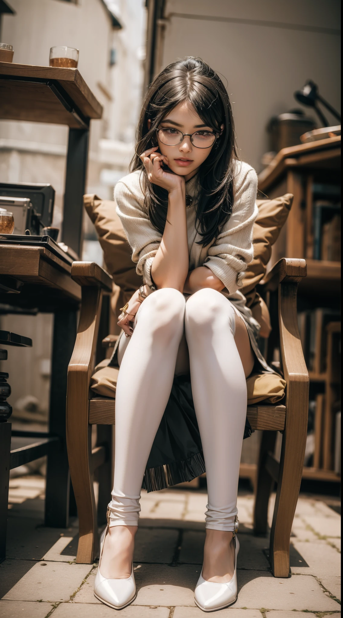 ((Detailed eyes)), mary jane shoes, full body, sit on desktop, white stockings, glasses, cute body, cute face, alice in wonderland, happy, brunette