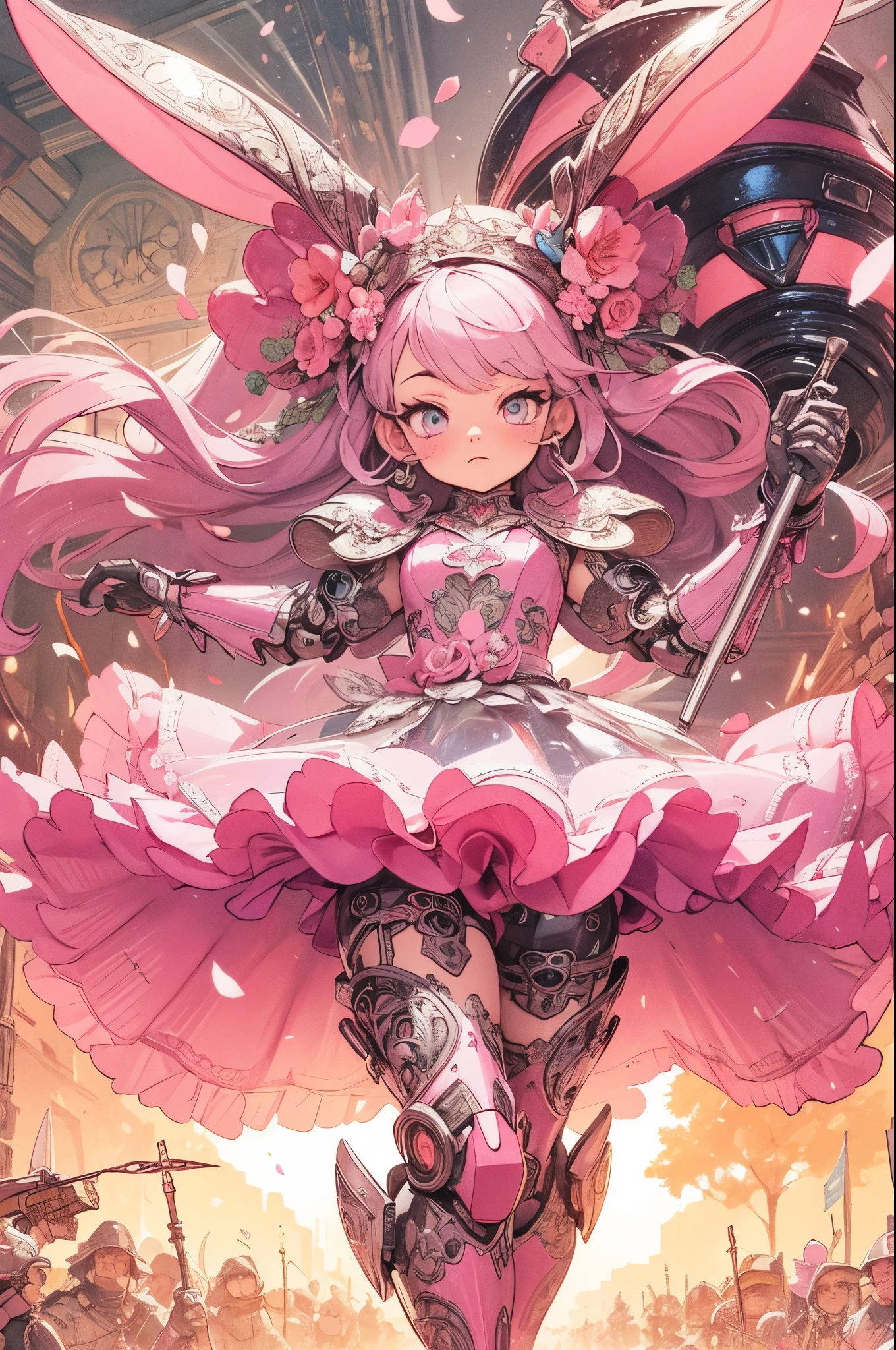 (Detailed illustrations,Very detailed and detailed drawing,Delicate lines with slow and rapid,Realistic texture expression),[Color tressed main line],(Battlefield of Fantasy World [Burning castle]),(GIRL ROBOT 12yo (Pink rabbit [METALFACE])) [WEAPON MACHINE],(([petal] Metal Dress [frills]) [Floral pattern] [Clear pink translucent armor covering the body surface]) [ribbon]) [Energy tube glowing at the joint],[use a sledgehammer as a weapon],[[Mobile Weapon Gigant Size][Science Fiction Mechanical]],(Metallic luster at metal),(Intricate and beautiful decoration [Dense detail]),(Precisely drawn face)[Perfect eye details(Iris beautifully drawn in every detail)[Jewel-like eyes]],[long and beautiful eyelashes],[Meticulously drawn hair [More on beautiful and shiny hair]],(Perfect hand details [Beautiful fingers without breakdowns [Beautiful nails]]),(Perfect Anatomy(Perfectly proportioned))[[full body portrait]],[Ideal color coordination(Accurate simulation of light-material interactions)],[Visual art that conveys a sense of narrative].