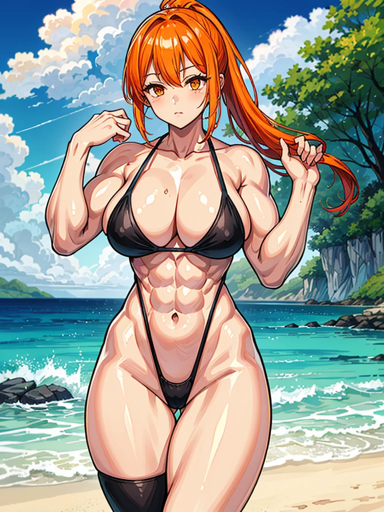 (((masterpiece、Highest image quality、highest quality、highly detailed unity 8kwallpaper)))、((Illustration of one girl))、(((beautiful girl)))、((orange hair、side pony、orange eyes))、(stocky build, thickset physique, muscular legs, broad shoulders, solid chest)、swimsuit、sandy beach