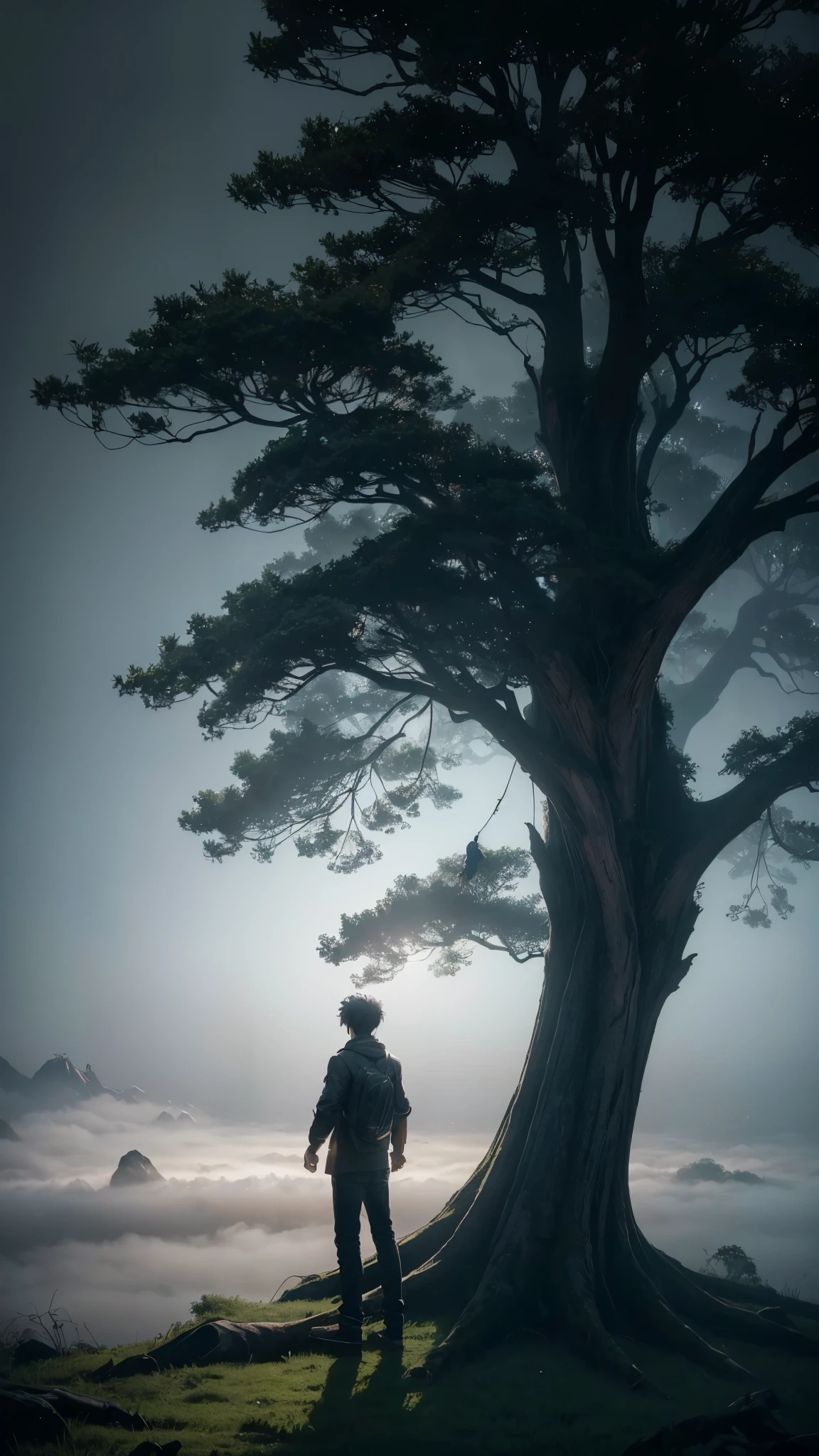 (handsome) .(a young male teenager look up the giant world tree in the foggy), Chinese sytle. (((heavy fog))), open eyes, dark view, ((anime and real style)), (((first -personal view,)))cinematic lighting, depth of field, glowing light, ray tracing, vignetting, ((wide shot)), masterpiece, textured skin, anatomically correct, best quality, high details, HD