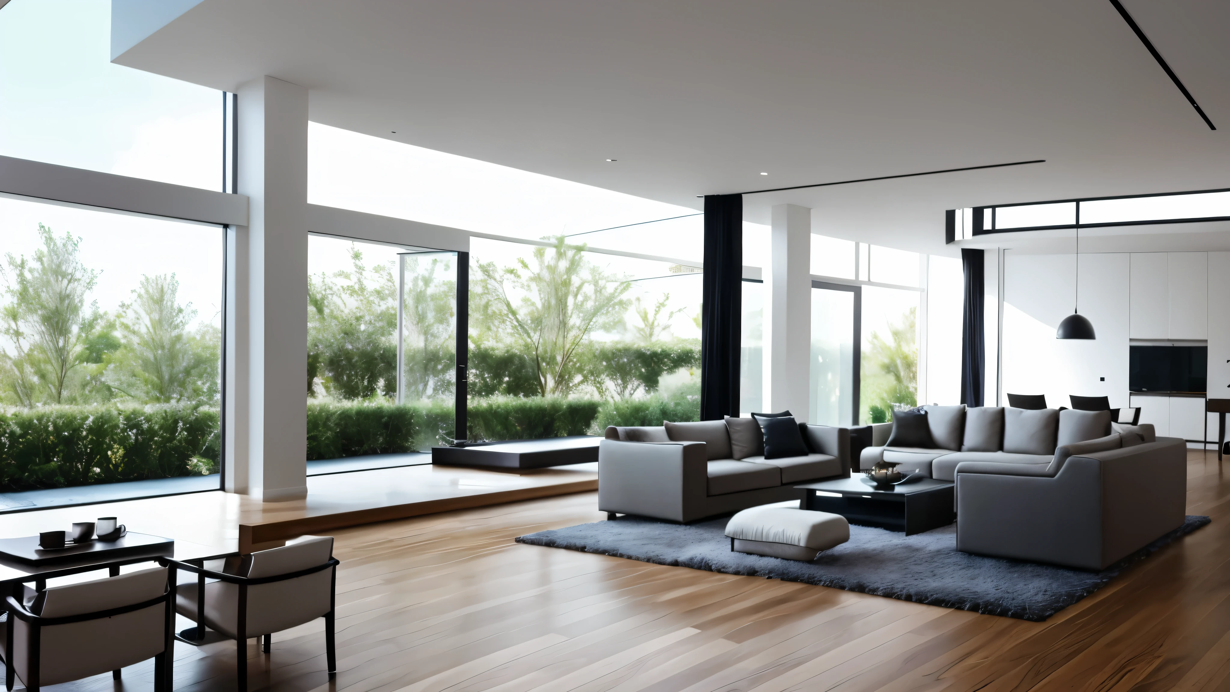 You are a famous interior designer、You have been asked to create a 3D image of a modern large room. Create a harmonious environment with modern and minimalist furniture. Including garden interior.