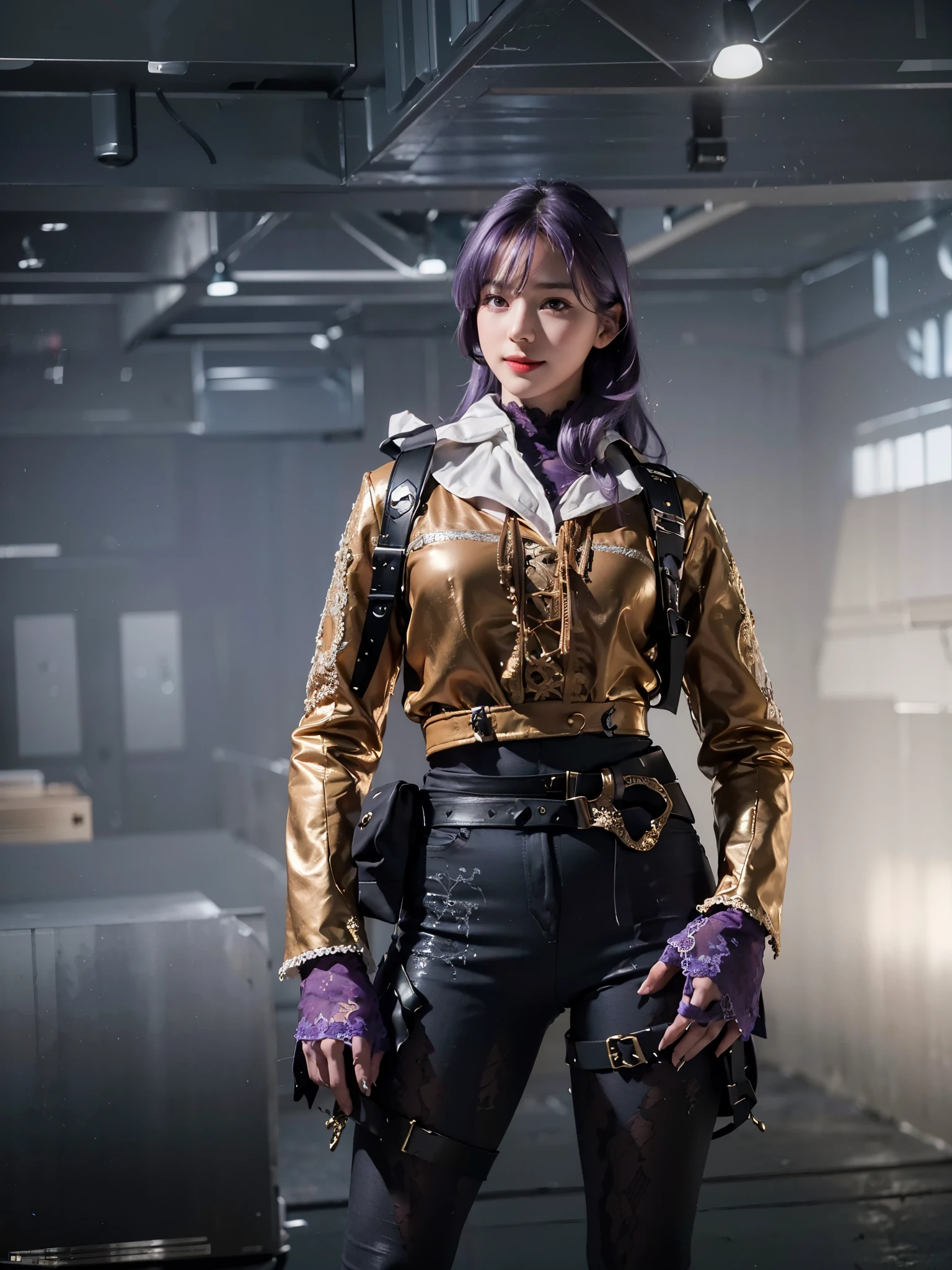 best quality,masterpiece,extremely detailed,high res,4k,ultra high res,detailed shadow,ultra realistic,realistic,dramatic lighting,1girl,solo,detailed face,realistic eyes,realistic skin,white dress,purple hair,dynamic pose, white lace dress,smile,long hair,smile