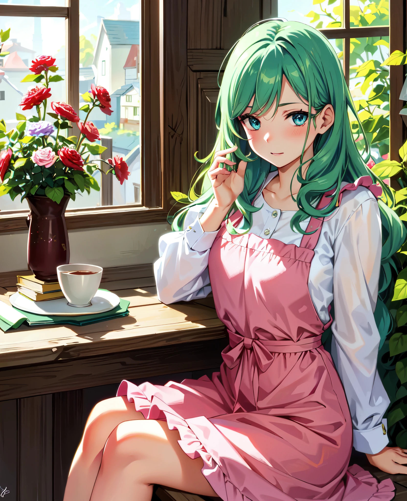 (realistic character, green hair, pink streaks, blue eyes),(, wearing strawberry dress, petals in hair),[flower shop, warm lighting, garden, indoors], sexy